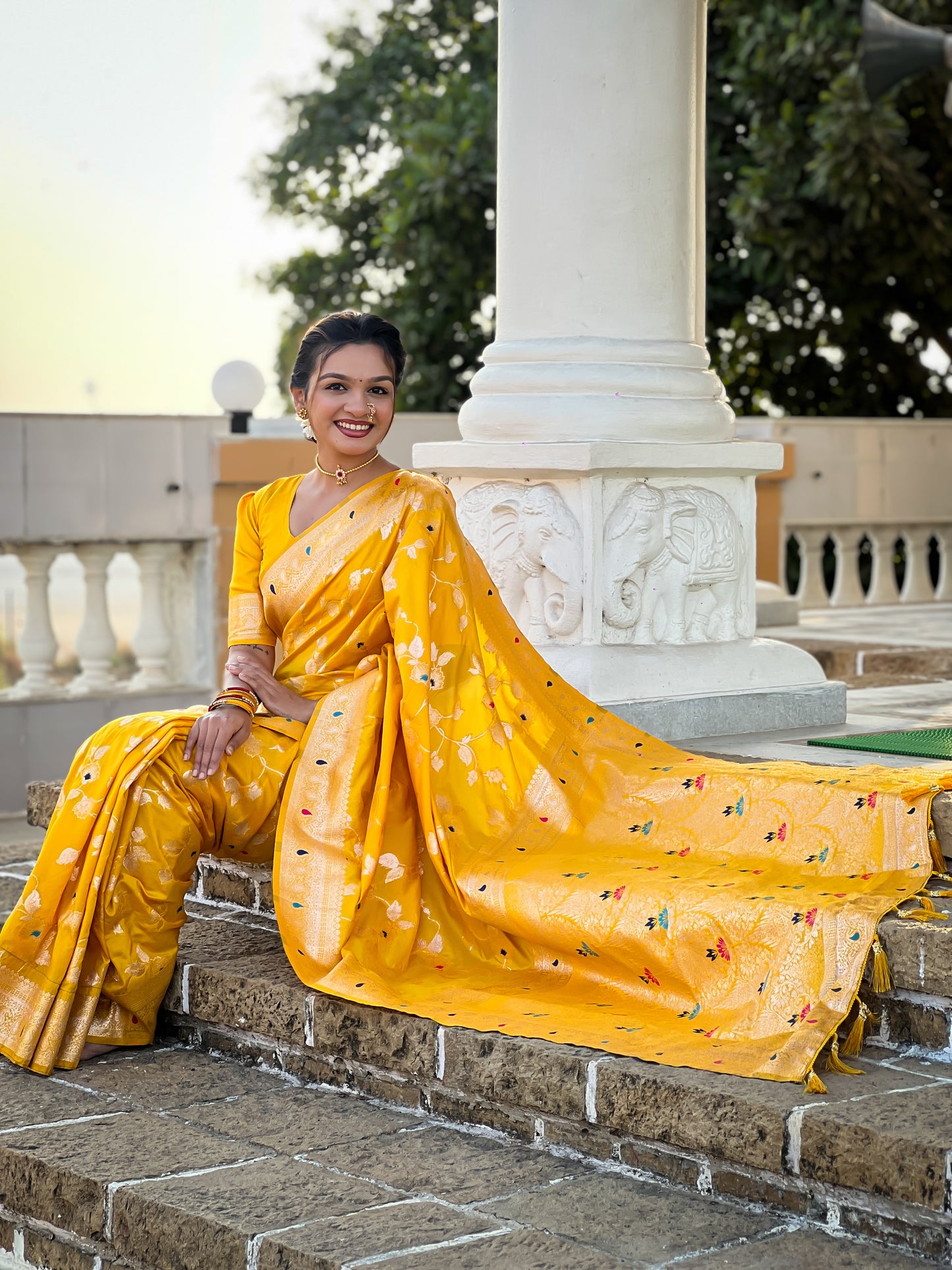 Yellow Color Soft Banarasi Silk Saree With Minakari Zari, Rich Pallu With Tassels