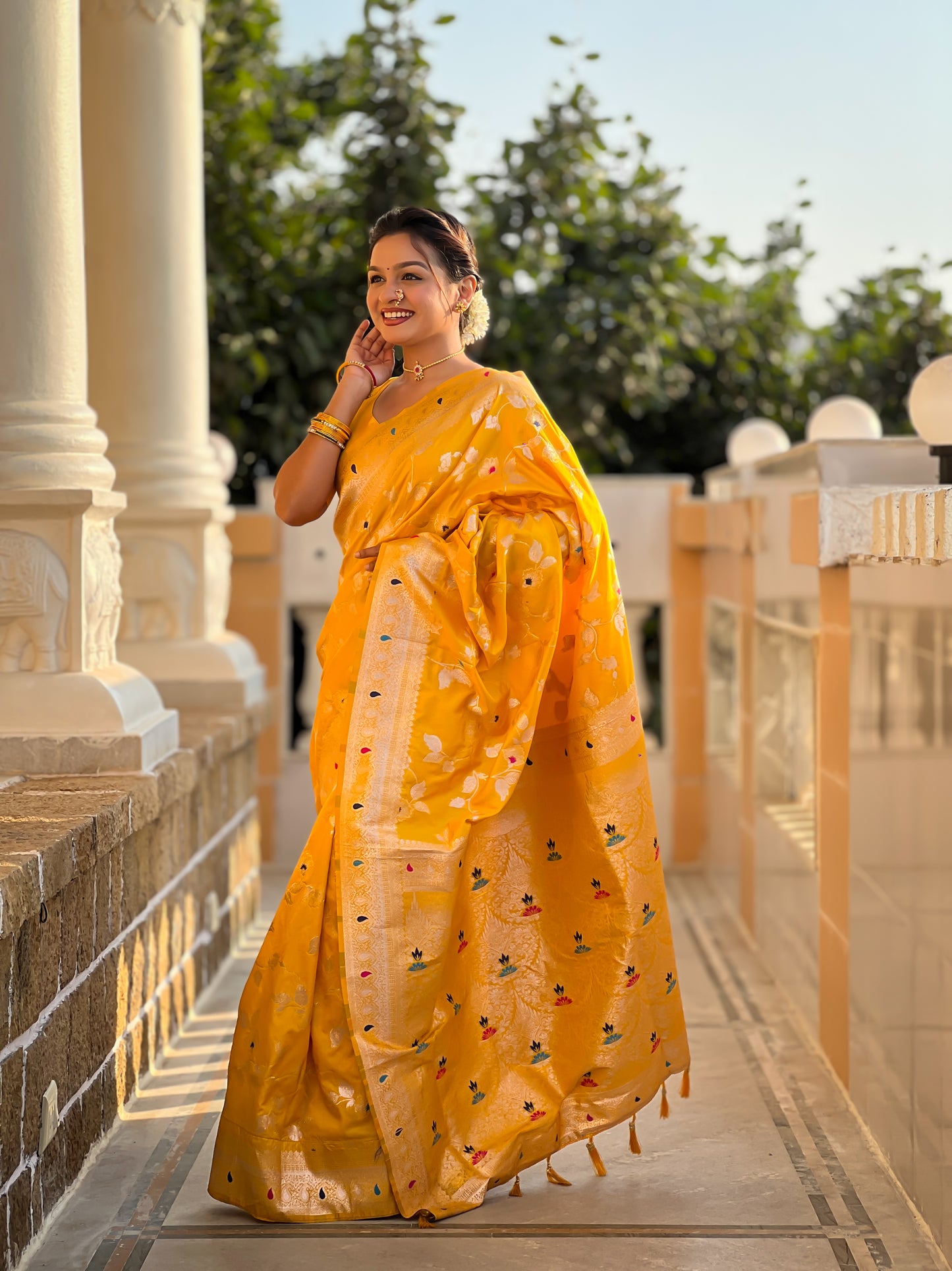 Yellow Color Soft Banarasi Silk Saree With Minakari Zari, Rich Pallu With Tassels