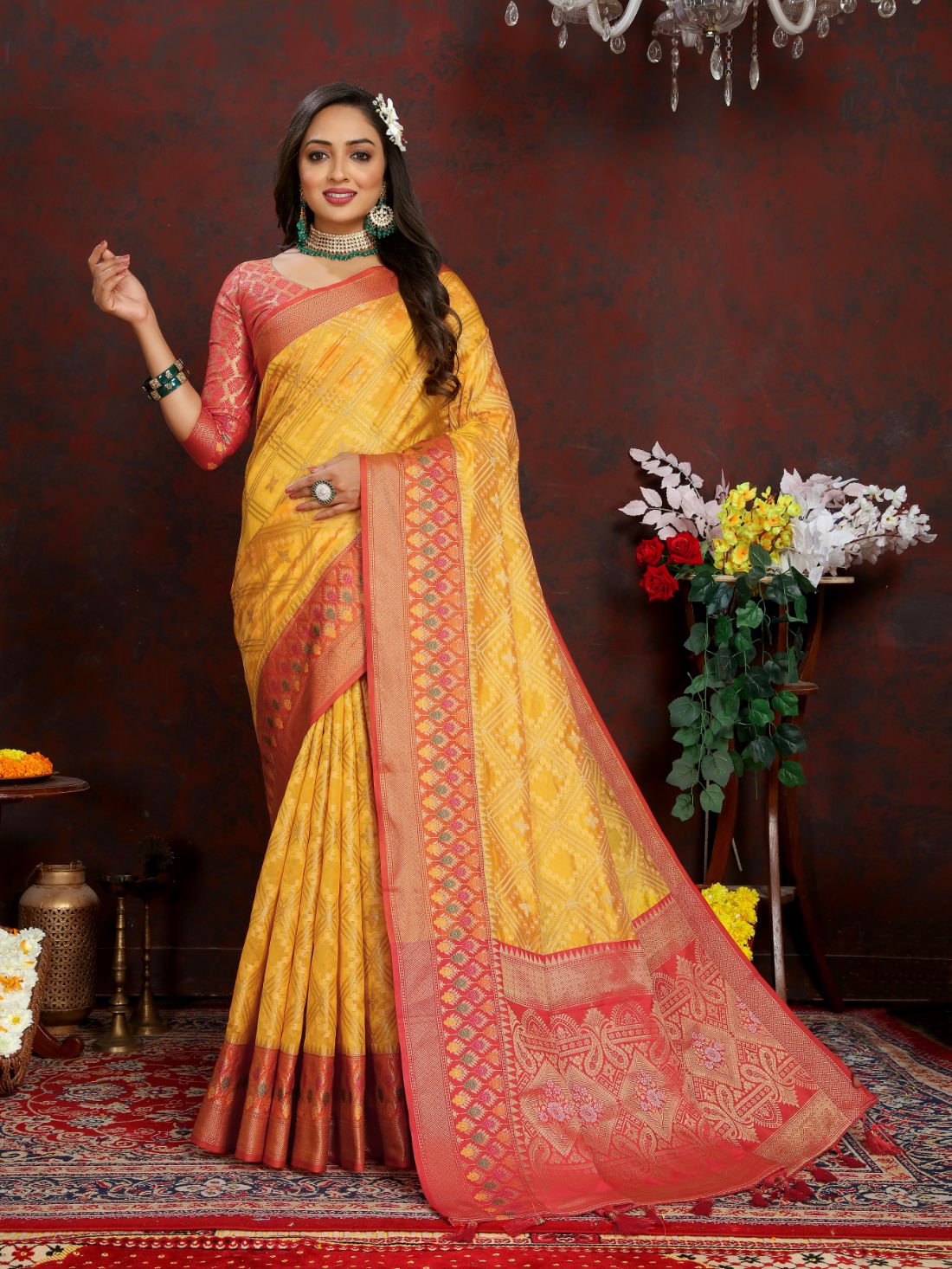 Mustered & Red Color Women’s Zari Woven Designer Soft Organza Silk Saree and Rich Pallu Weawing Unstitched Blouse With Blouse Piece.