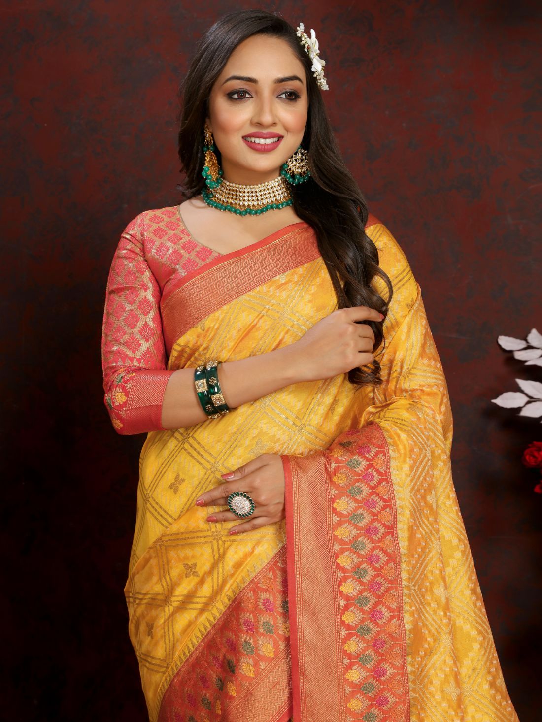 Mustered & Red Color Women’s Zari Woven Designer Soft Organza Silk Saree and Rich Pallu Weawing Unstitched Blouse With Blouse Piece.