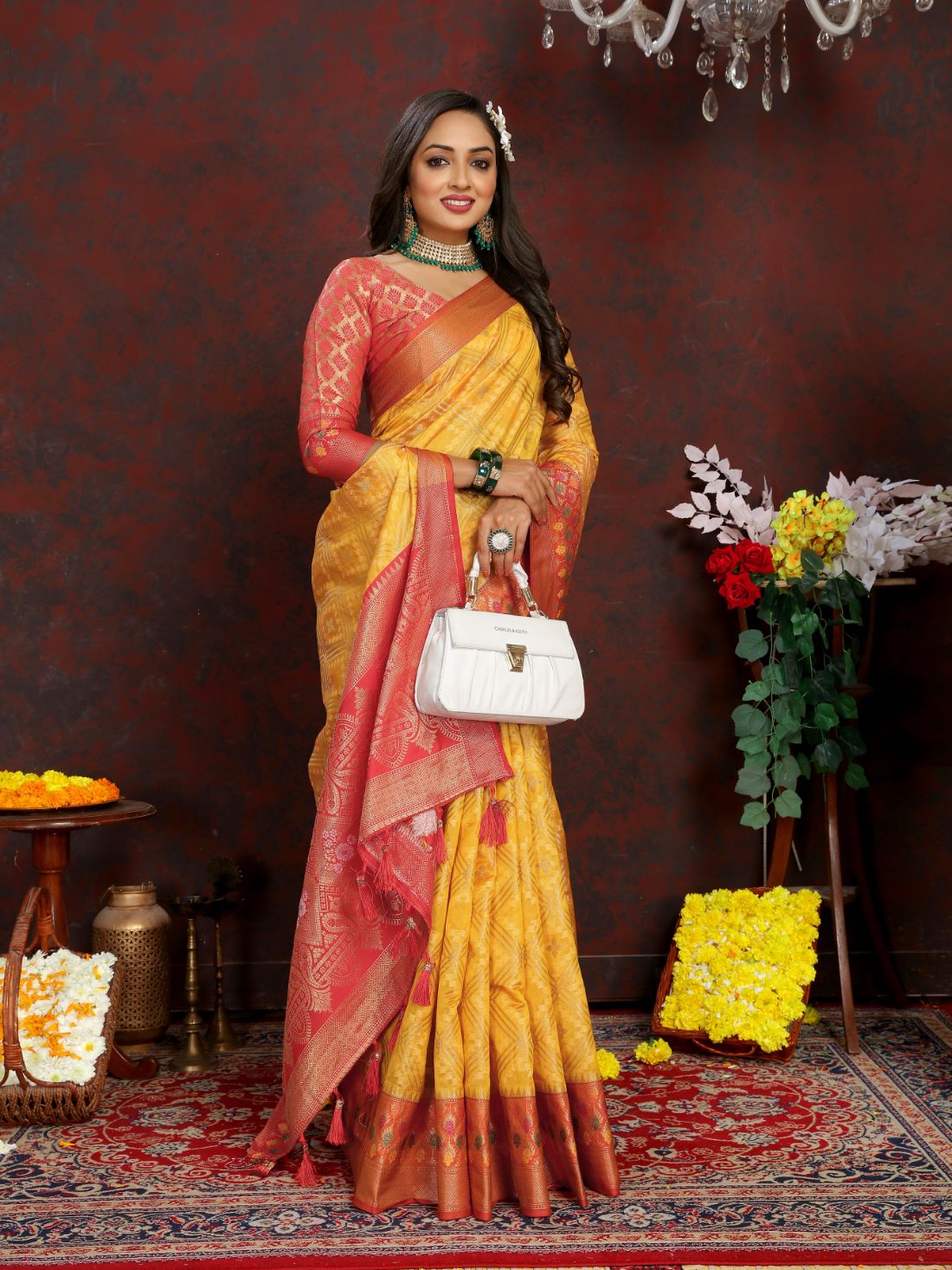 Mustered & Red Color Women’s Zari Woven Designer Soft Organza Silk Saree and Rich Pallu Weawing Unstitched Blouse With Blouse Piece.