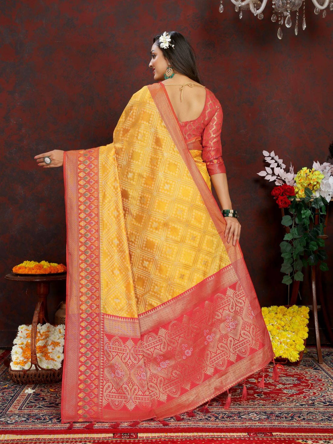 Mustered & Red Color Women’s Zari Woven Designer Soft Organza Silk Saree and Rich Pallu Weawing Unstitched Blouse With Blouse Piece.