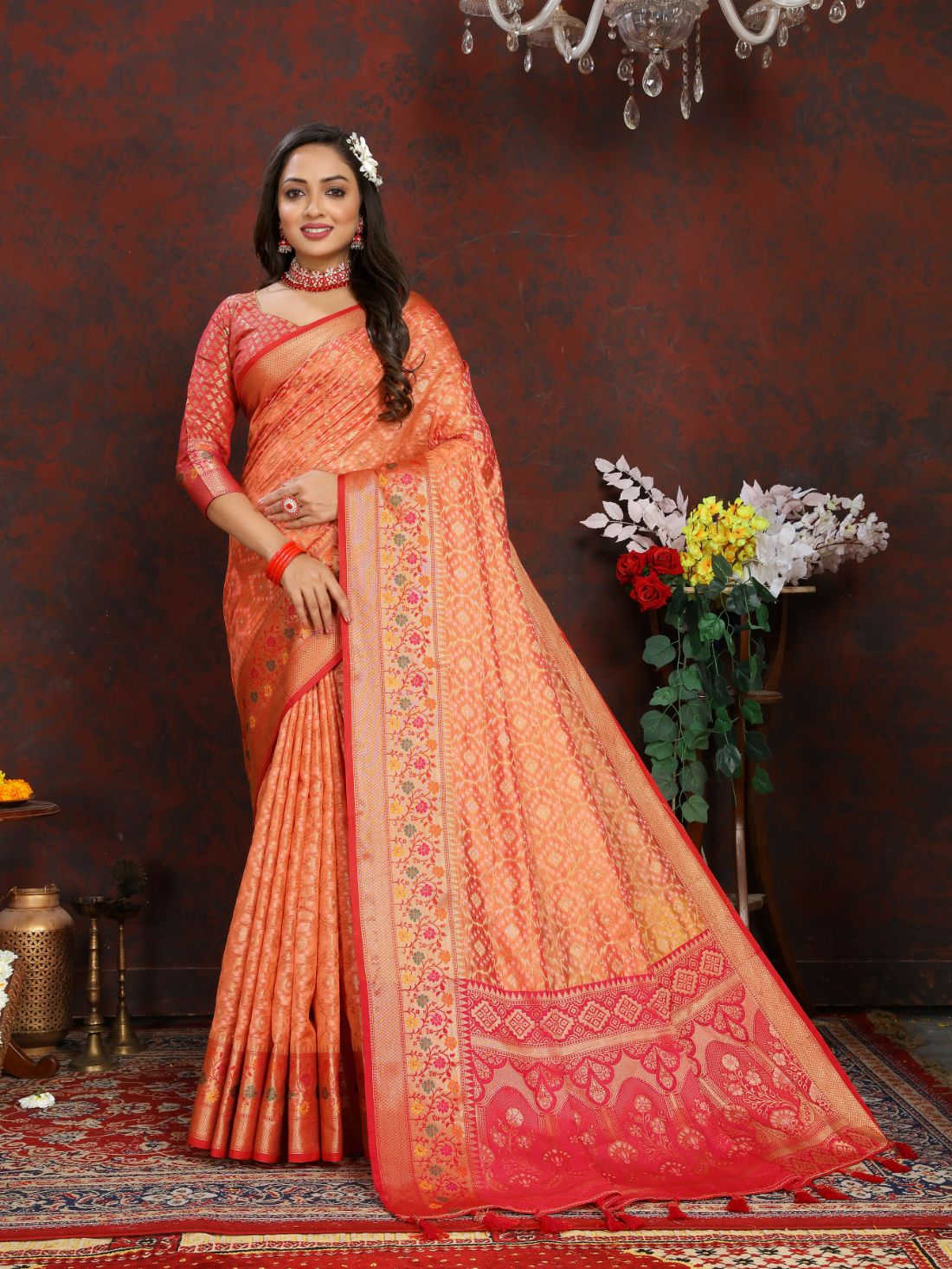 Orange & Red Color Women’s Zari Woven Designer Soft Organza Silk Saree and Rich Pallu Weawing Unstitched Blouse With Blouse Piece.