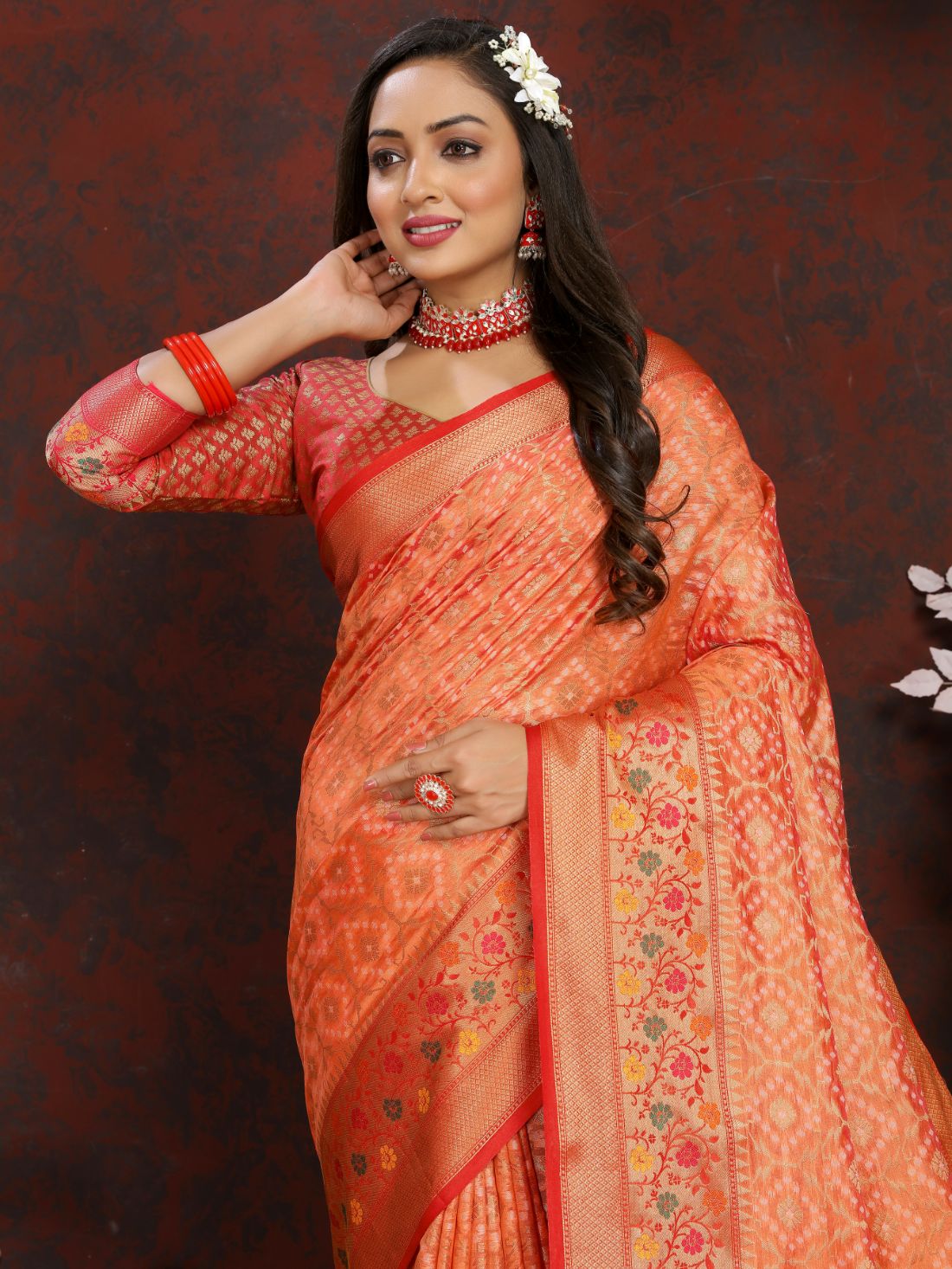 Orange & Red Color Women’s Zari Woven Designer Soft Organza Silk Saree and Rich Pallu Weawing Unstitched Blouse With Blouse Piece.