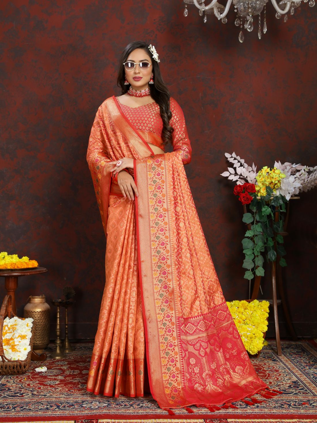 Orange & Red Color Women’s Zari Woven Designer Soft Organza Silk Saree and Rich Pallu Weawing Unstitched Blouse With Blouse Piece.