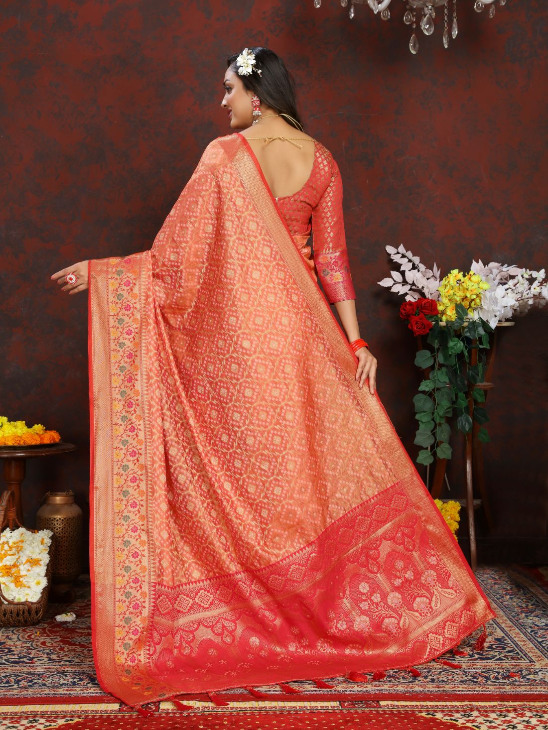Orange & Red Color Women’s Zari Woven Designer Soft Organza Silk Saree and Rich Pallu Weawing Unstitched Blouse With Blouse Piece.