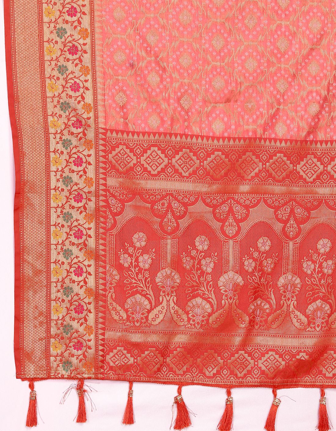 Orange & Red Color Women’s Zari Woven Designer Soft Organza Silk Saree and Rich Pallu Weawing Unstitched Blouse With Blouse Piece.