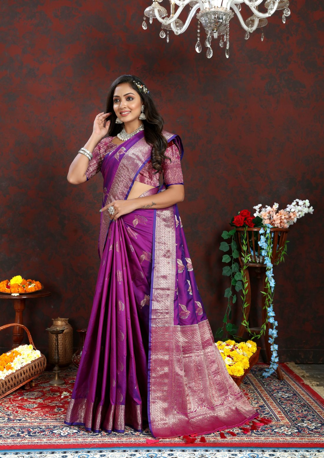 Purple Color Exclusive Soft Silk Zari Woven Work With Rich Pallu and Contrast Border With Tessels Women's Saree with Unstiched Blouse Pieces.