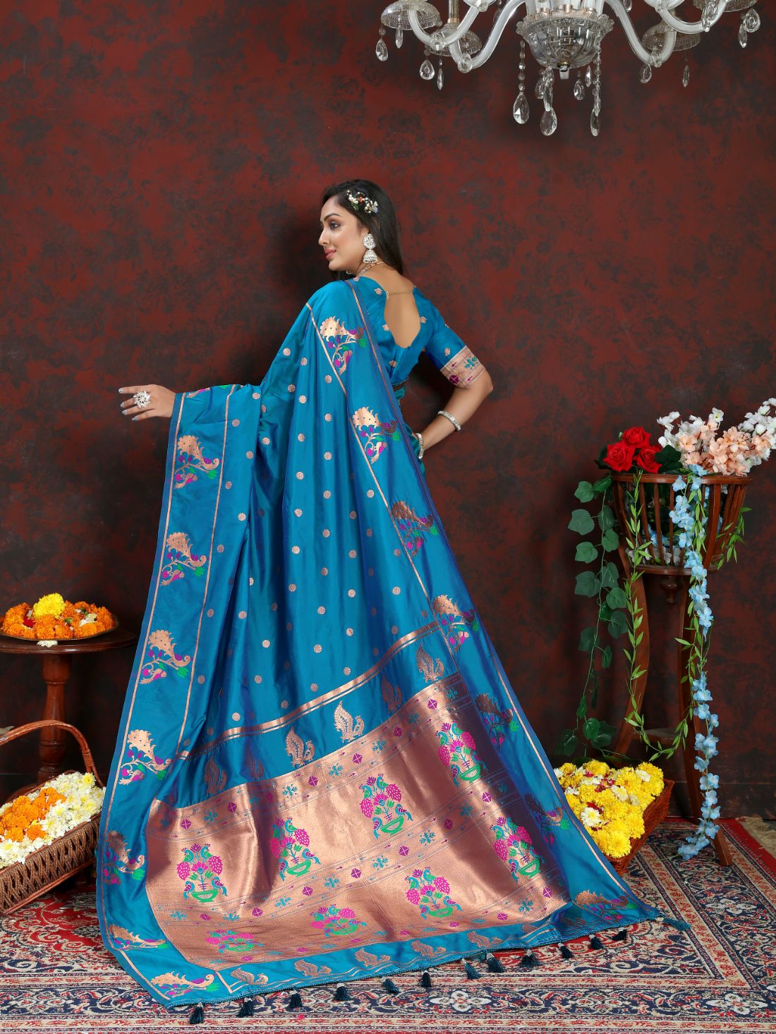 Aqua Blue Color Zari Woven Soft Paithani Silk Sarees With Rich Weaving Pallu with tassels.