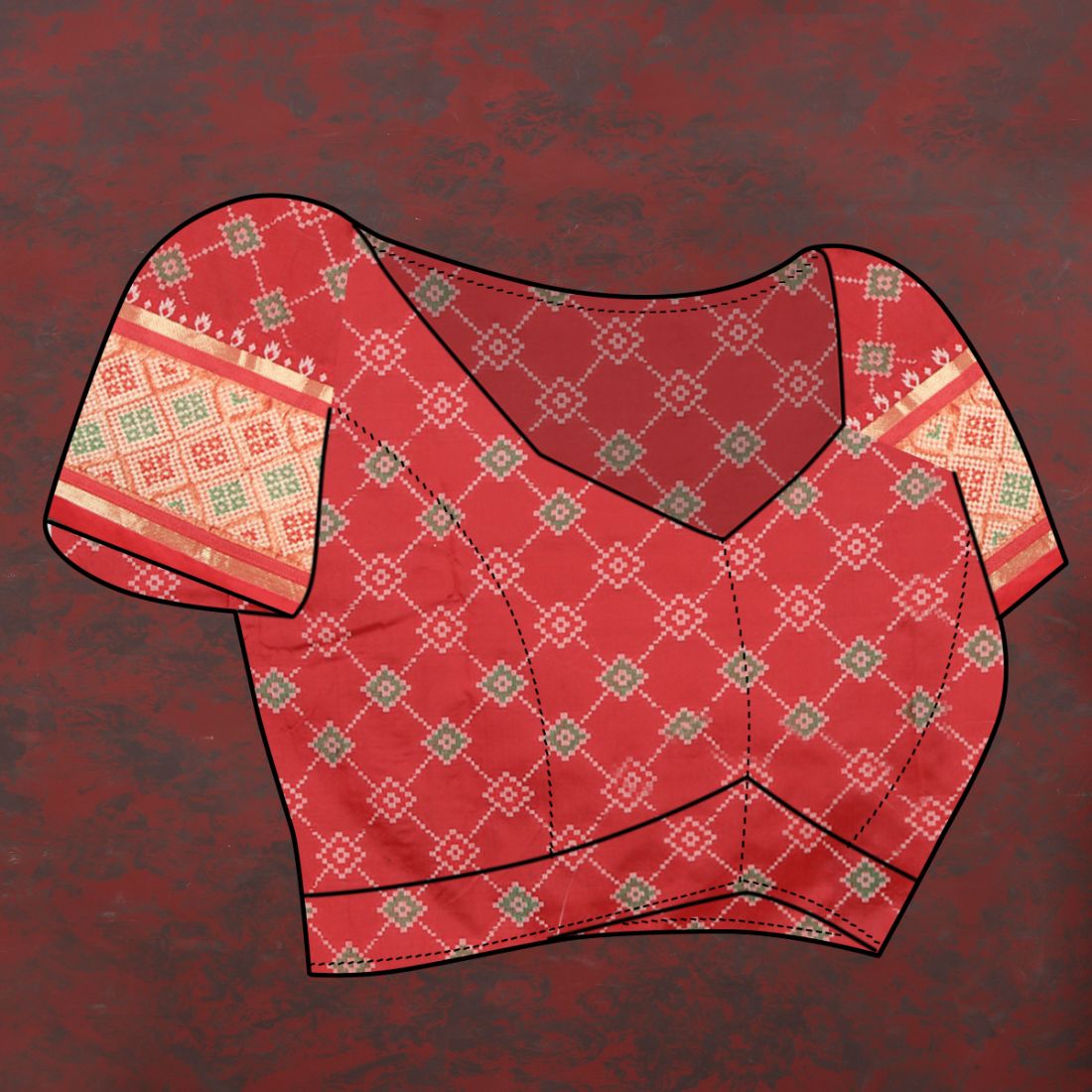 Blue & Red Color Women's Soft Patola Silk meenakari weawing motifs with Rich Zari Pallu and contrast border with Tessels.