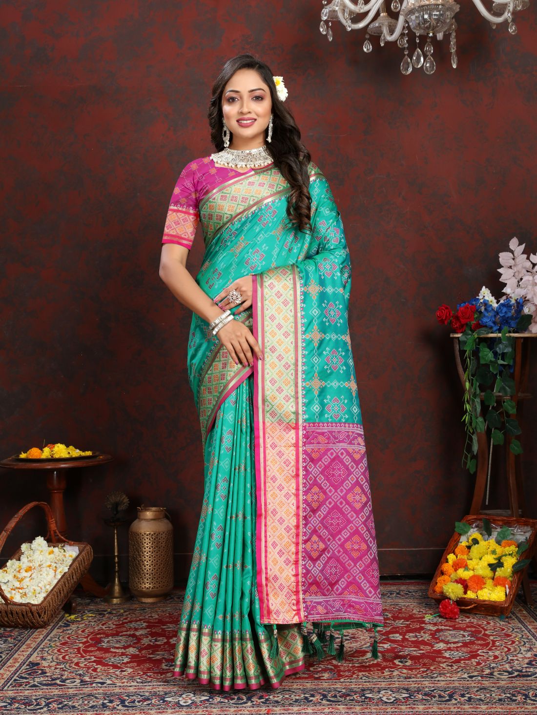 Aqua Blue & Pink Color Women's Soft Patola Silk meenakari weawing motifs with Rich Zari Pallu and contrast border with Tessels