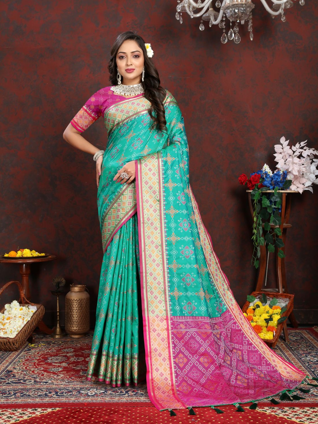 Aqua Blue & Pink Color Women's Soft Patola Silk meenakari weawing motifs with Rich Zari Pallu and contrast border with Tessels