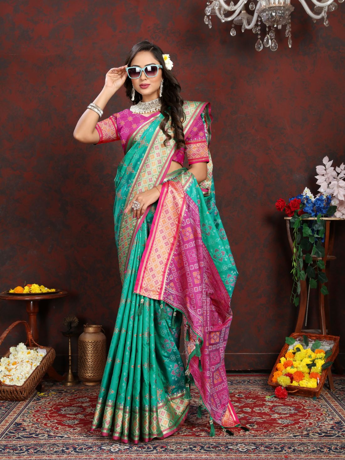 Aqua Blue & Pink Color Women's Soft Patola Silk meenakari weawing motifs with Rich Zari Pallu and contrast border with Tessels