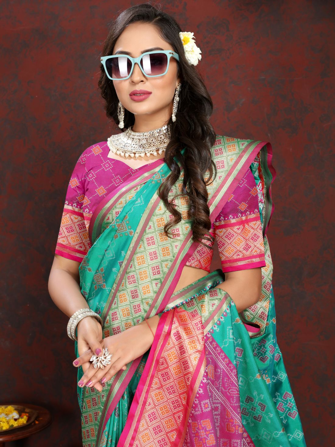 Aqua Blue & Pink Color Women's Soft Patola Silk meenakari weawing motifs with Rich Zari Pallu and contrast border with Tessels