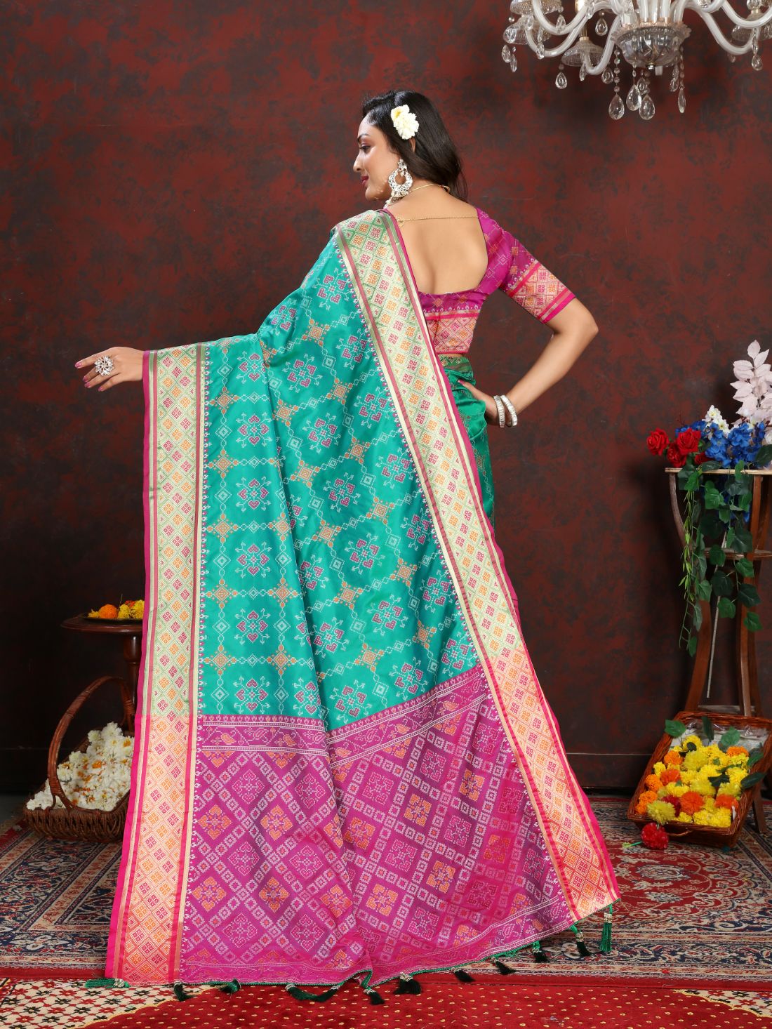 Aqua Blue & Pink Color Women's Soft Patola Silk meenakari weawing motifs with Rich Zari Pallu and contrast border with Tessels