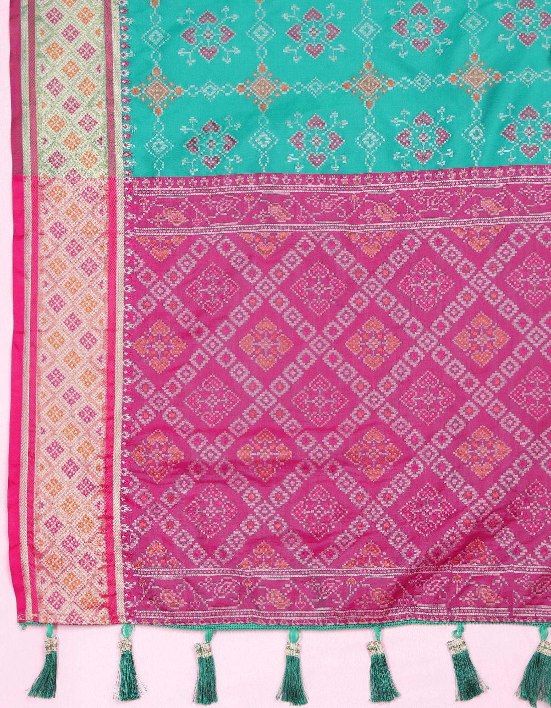 Aqua Blue & Pink Color Women's Soft Patola Silk meenakari weawing motifs with Rich Zari Pallu and contrast border with Tessels