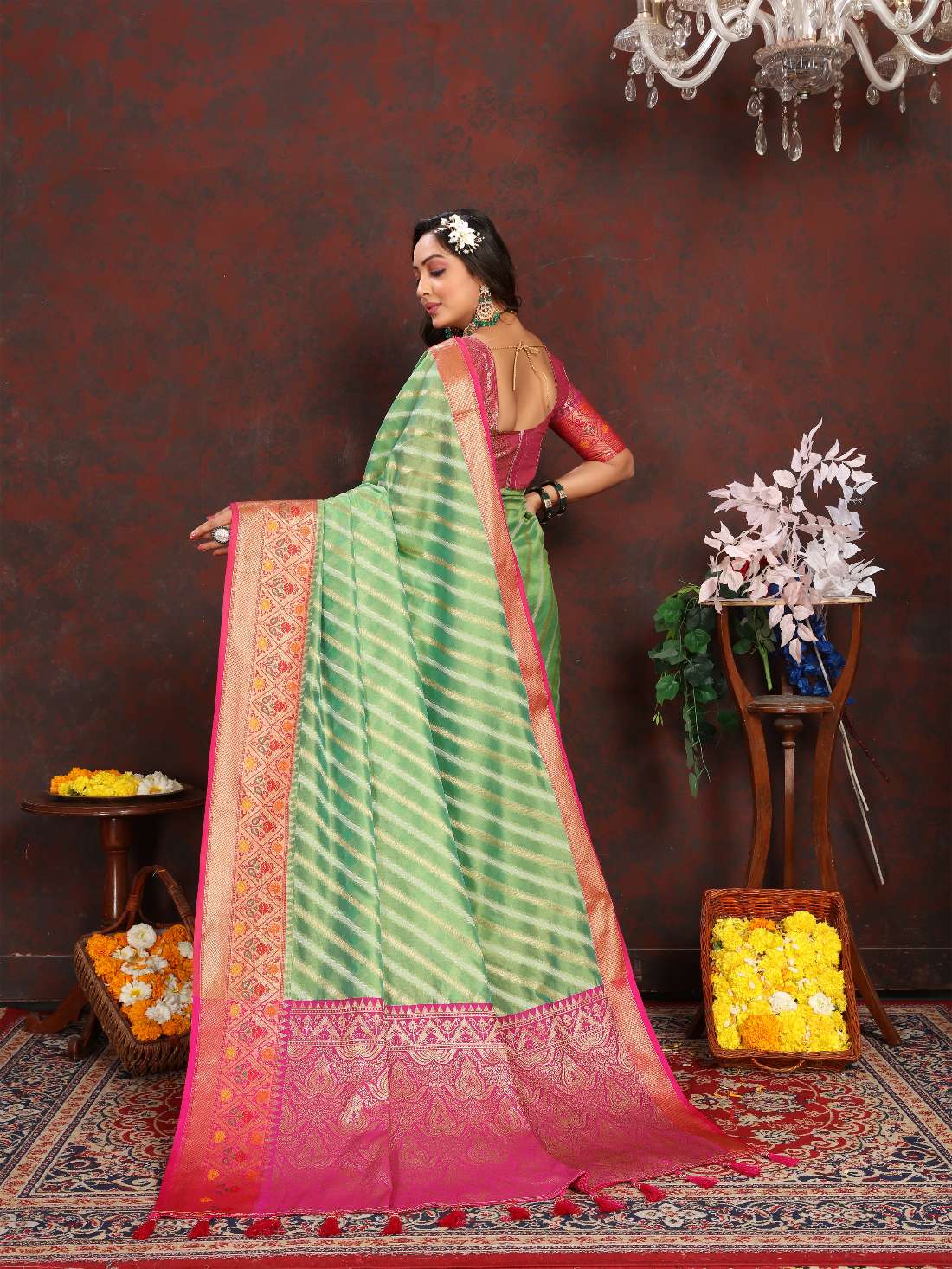 Light Green & Pink Color Women’s Zari Woven Designer Soft Organza Silk Saree and Rich Pallu Weawing Unstitched Blouse With Blouse Piece.