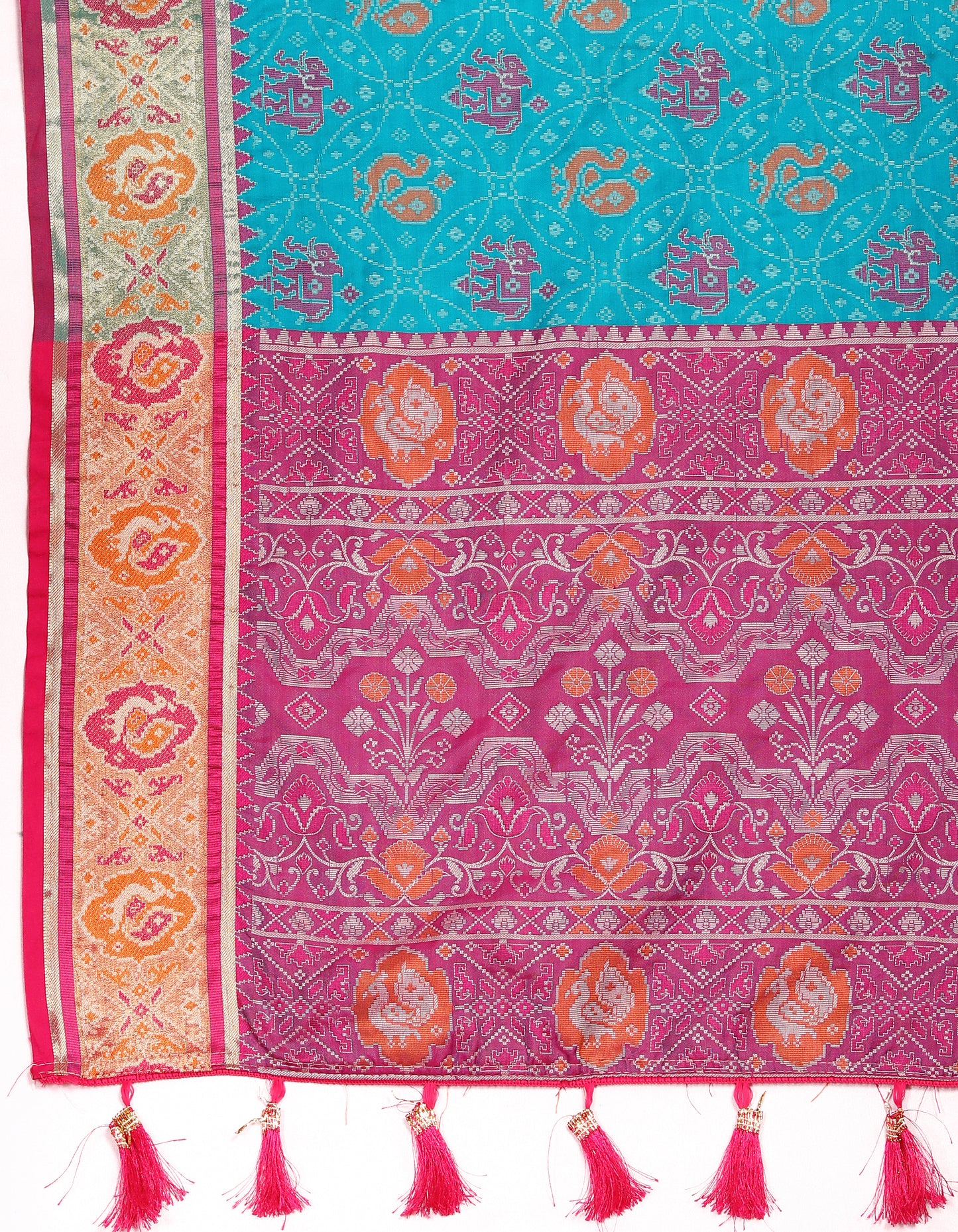 Light Blue & Pink Women's Soft Patola Silk meenakari weawing motifs with Rich Zari Pallu and contrast border with Tessels.