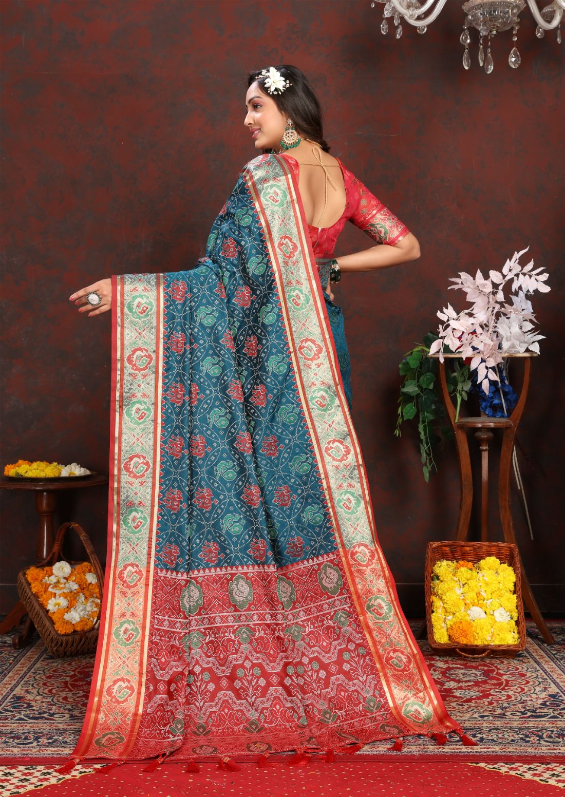 Nevy Blue & Red Women's Soft Patola Silk meenakari weawing motifs with Rich Zari Pallu and contrast border with Tessels.