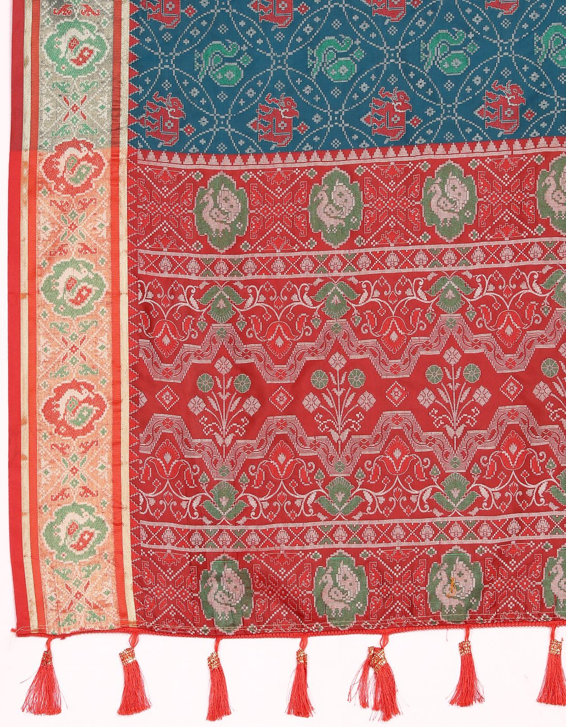Nevy Blue & Red Women's Soft Patola Silk meenakari weawing motifs with Rich Zari Pallu and contrast border with Tessels.