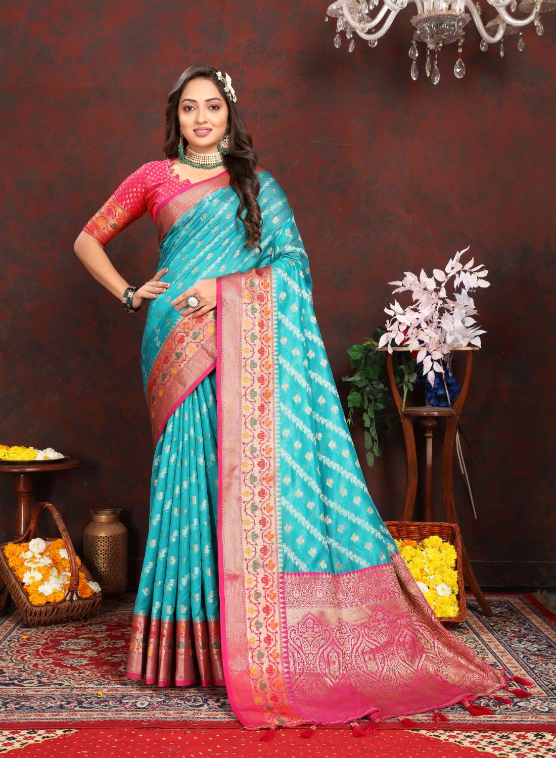 Light Blue & Pink Color Women’s Zari Woven Designer Soft Organza Silk Saree and Rich Pallu Weawing Unstitched Blouse With Blouse Piece.