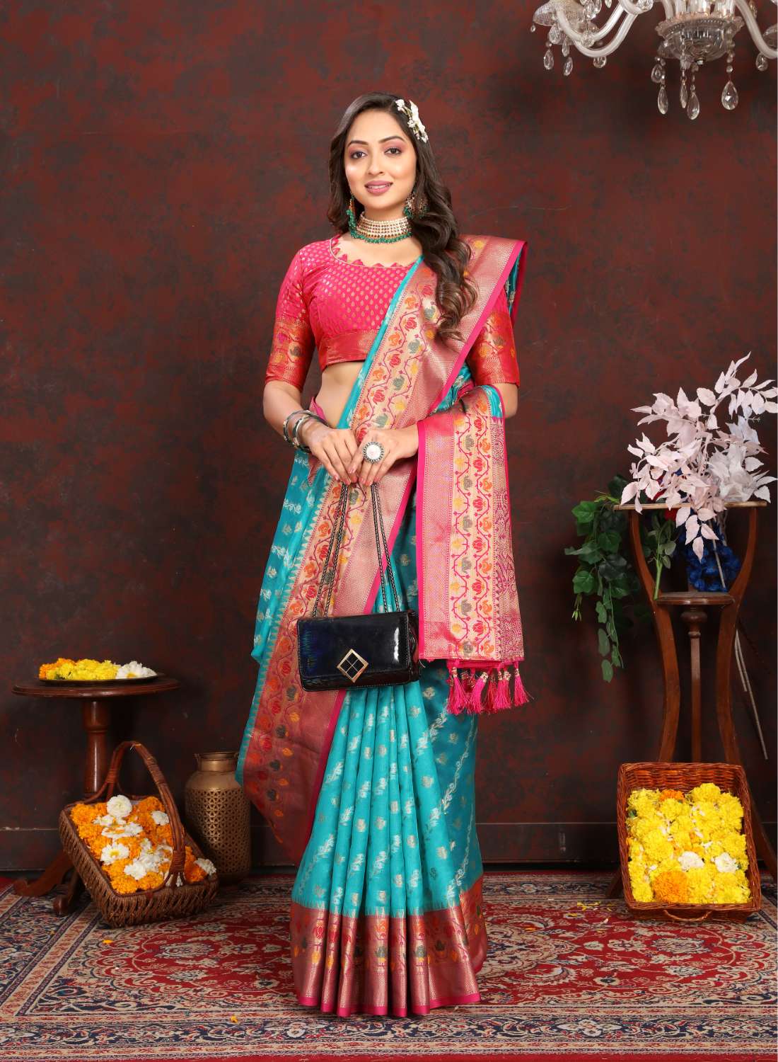 Light Blue & Pink Color Women’s Zari Woven Designer Soft Organza Silk Saree and Rich Pallu Weawing Unstitched Blouse With Blouse Piece.