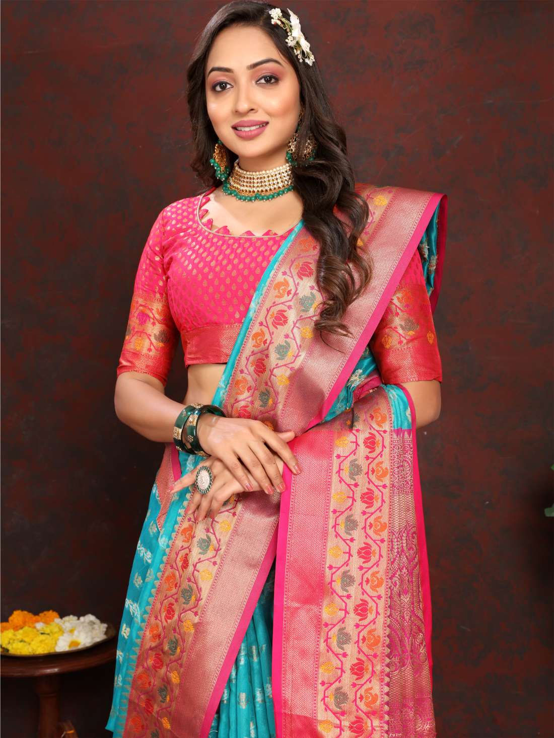 Light Blue & Pink Color Women’s Zari Woven Designer Soft Organza Silk Saree and Rich Pallu Weawing Unstitched Blouse With Blouse Piece.