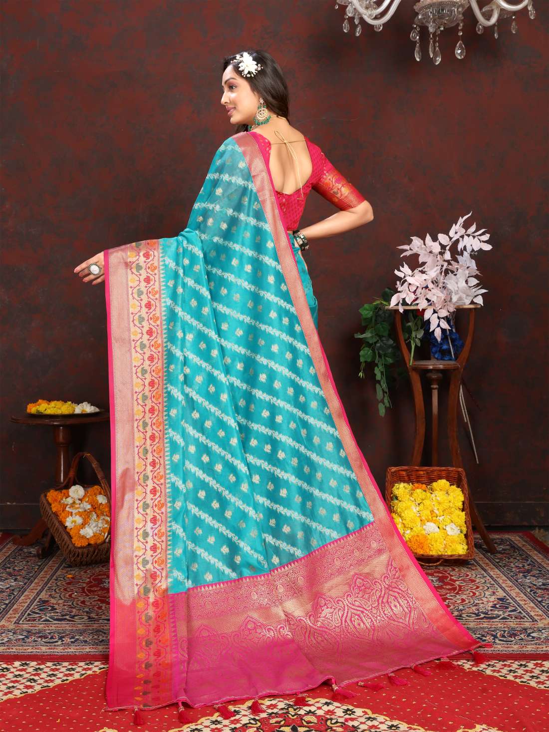 Light Blue & Pink Color Women’s Zari Woven Designer Soft Organza Silk Saree and Rich Pallu Weawing Unstitched Blouse With Blouse Piece.
