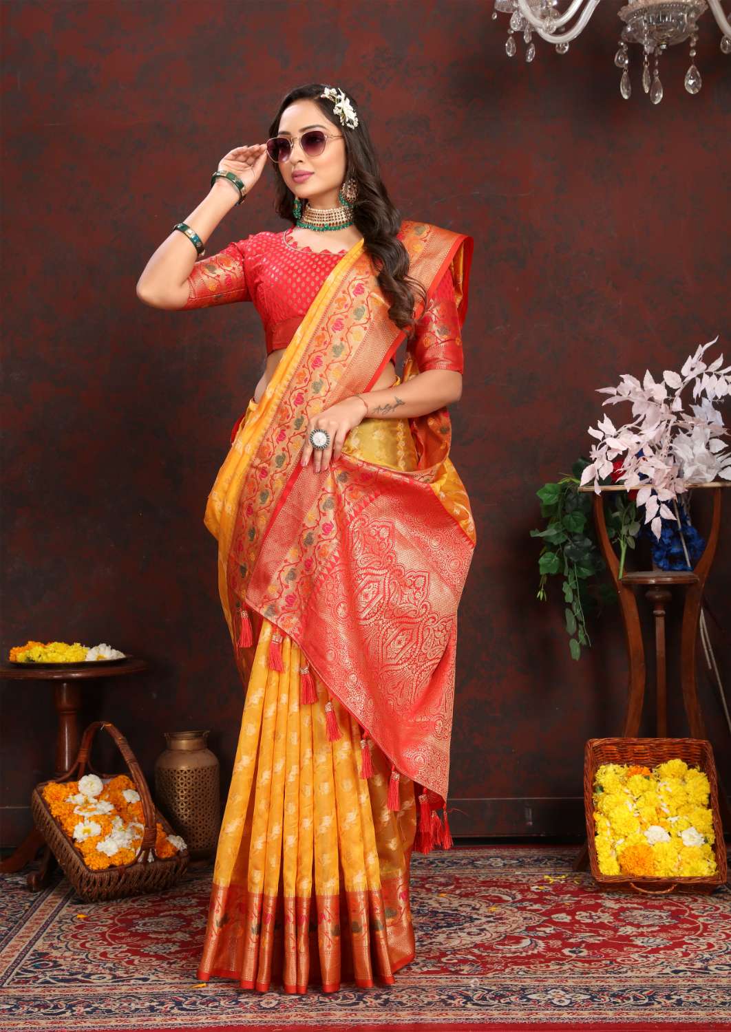 Mustered & Red Color Women’s Zari Woven Designer Soft Organza Silk Saree and Rich Pallu Weawing Unstitched Blouse With Blouse Piece.