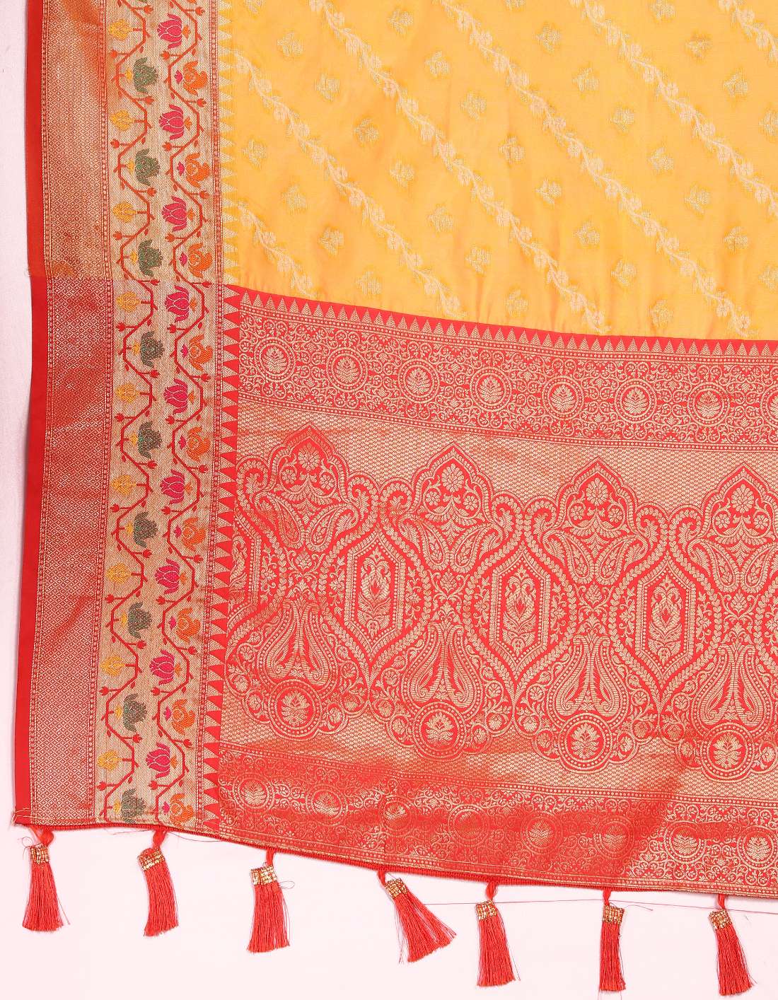 Mustered & Red Color Women’s Zari Woven Designer Soft Organza Silk Saree and Rich Pallu Weawing Unstitched Blouse With Blouse Piece.