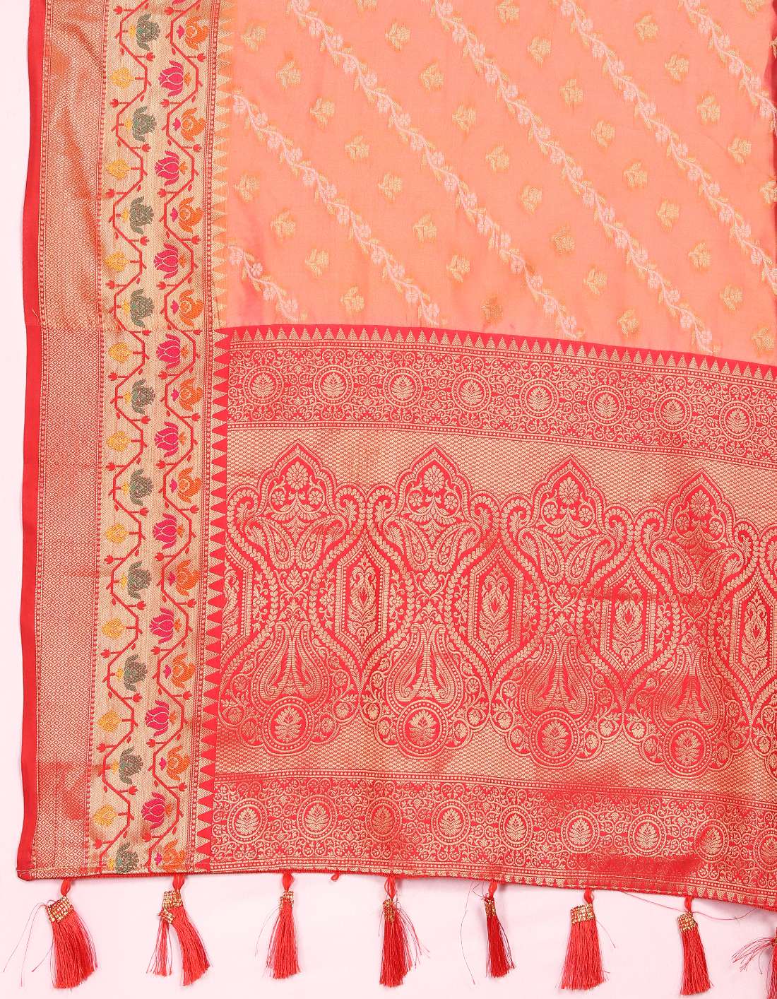 Orange & Red Color Women’s Zari Woven Designer Soft Organza Silk Saree and Rich Pallu Weawing Unstitched Blouse With Blouse Piece.