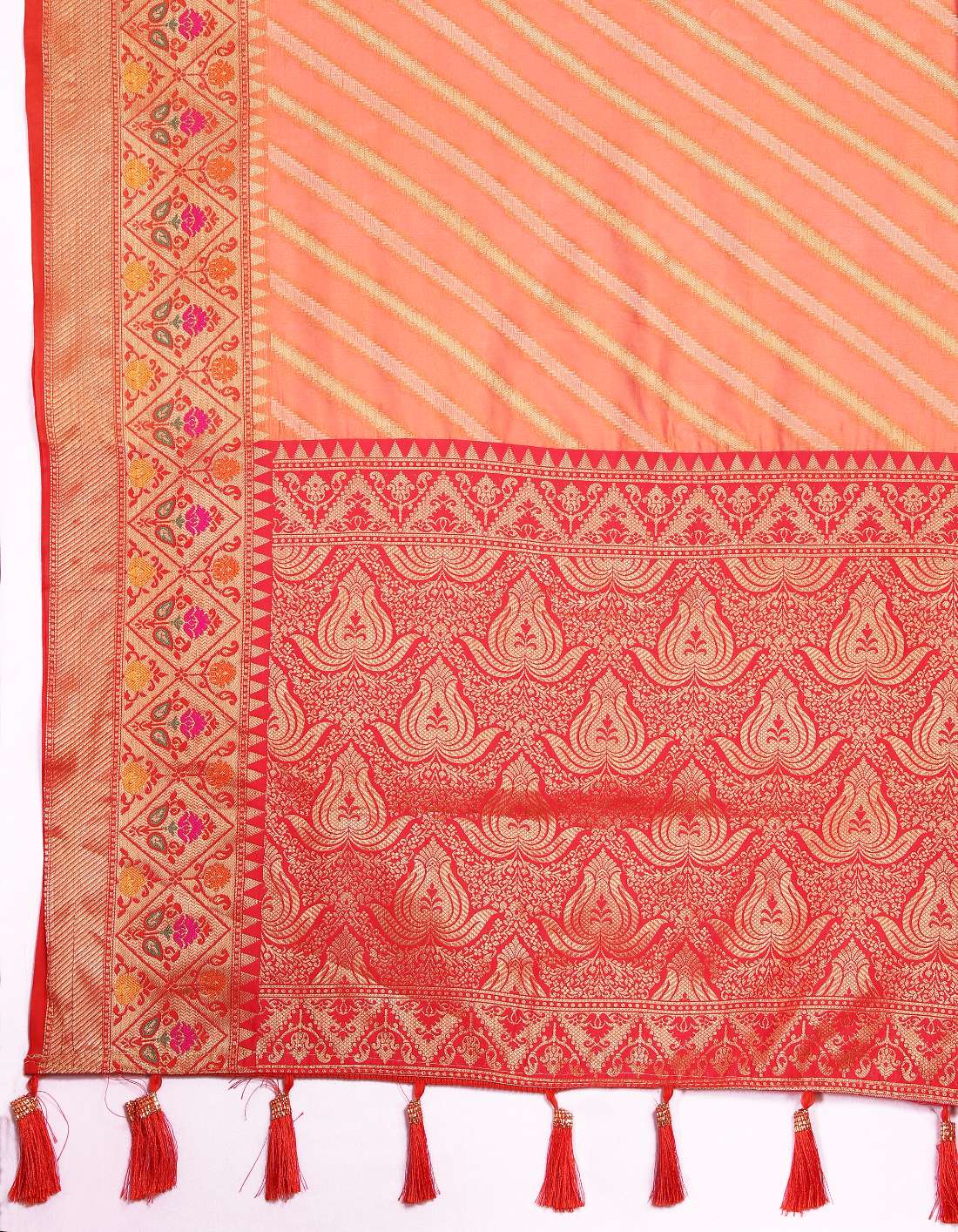 Orange & Red Color Women’s Zari Woven Designer Soft Organza Silk Saree and Rich Pallu Weawing Unstitched Blouse With Blouse Piece.