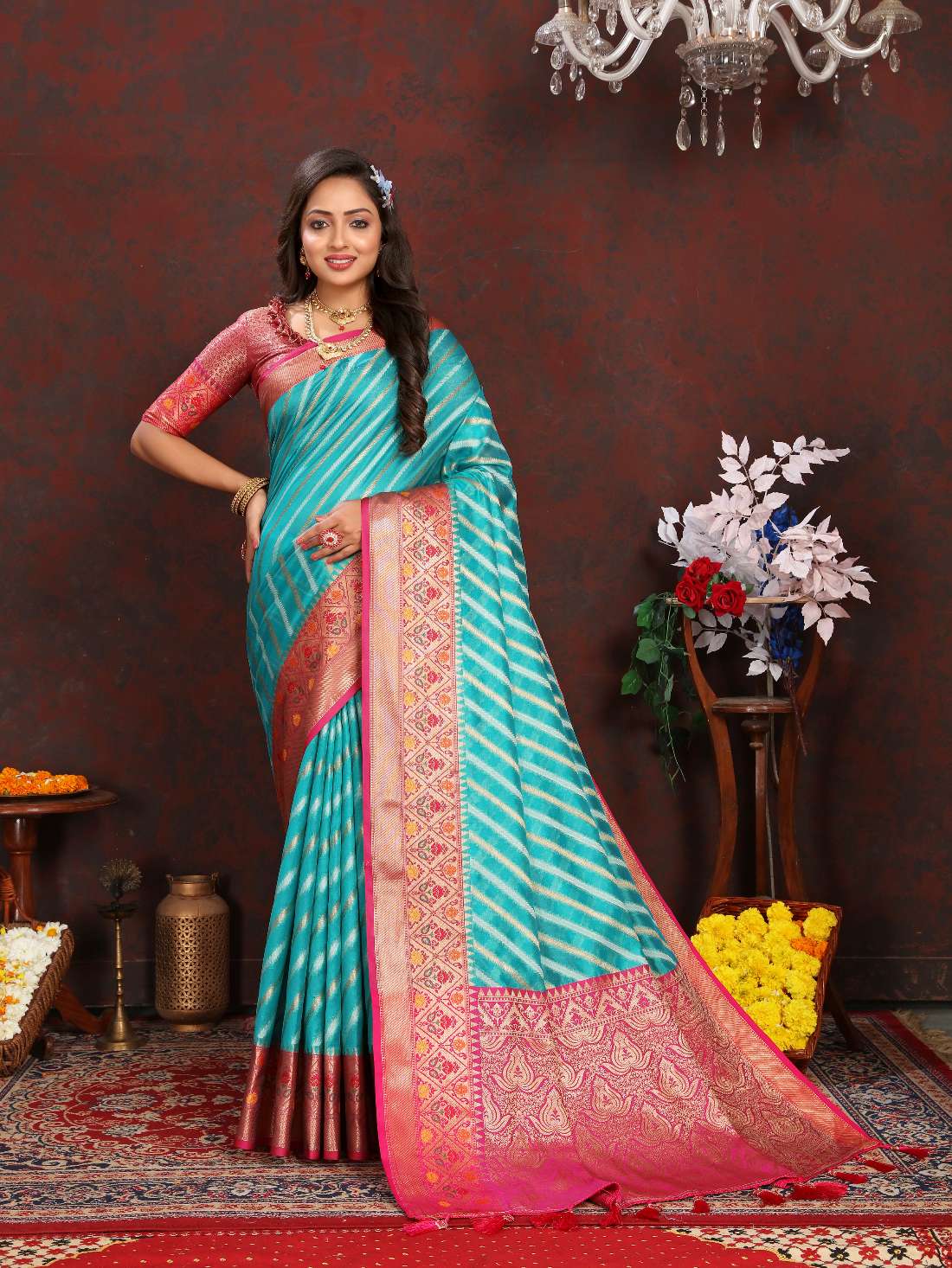 Light Blue & Pink Color Women’s Zari Woven Designer Soft Organza Silk Saree and Rich Pallu Weawing Unstitched Blouse With Blouse Piece.