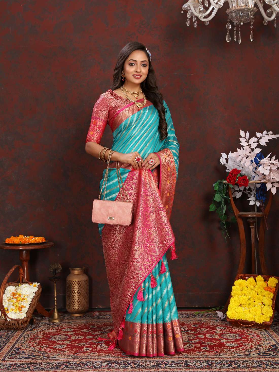 Light Blue & Pink Color Women’s Zari Woven Designer Soft Organza Silk Saree and Rich Pallu Weawing Unstitched Blouse With Blouse Piece.