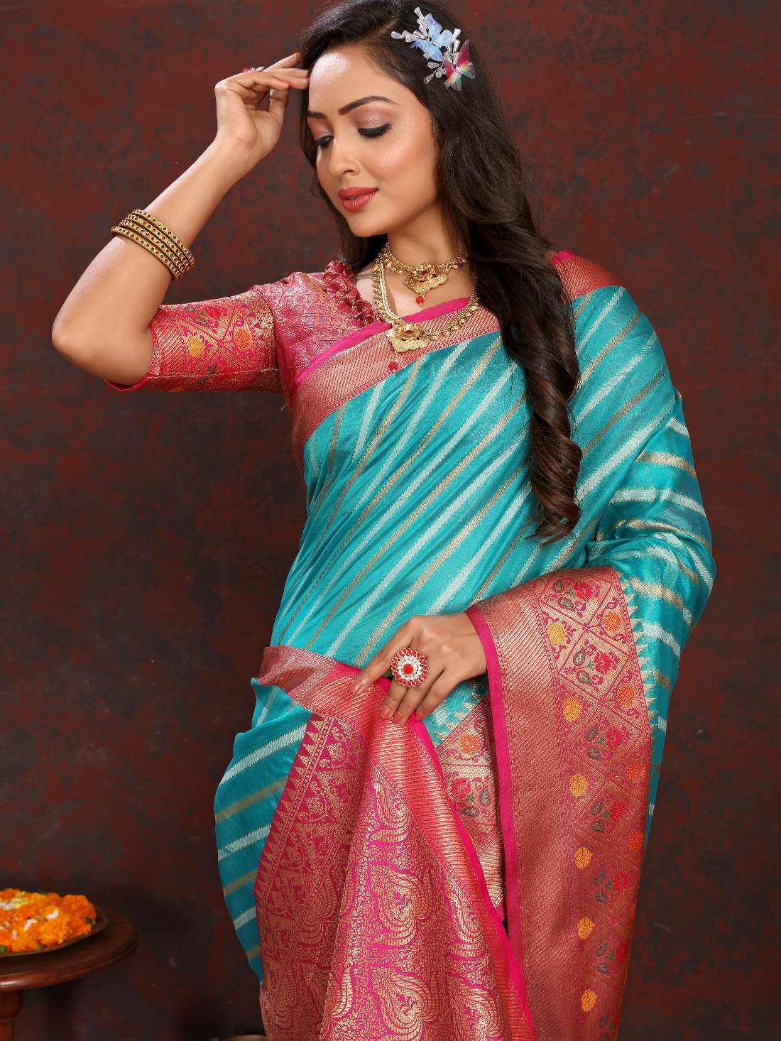 Light Blue & Pink Color Women’s Zari Woven Designer Soft Organza Silk Saree and Rich Pallu Weawing Unstitched Blouse With Blouse Piece.