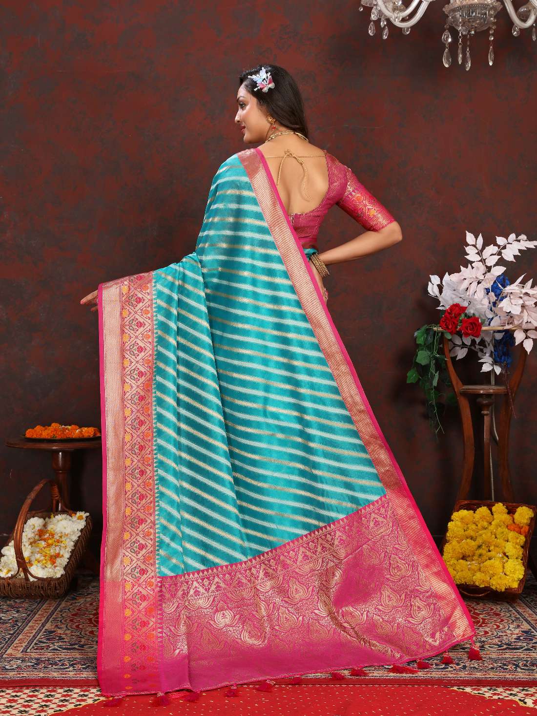 Light Blue & Pink Color Women’s Zari Woven Designer Soft Organza Silk Saree and Rich Pallu Weawing Unstitched Blouse With Blouse Piece.