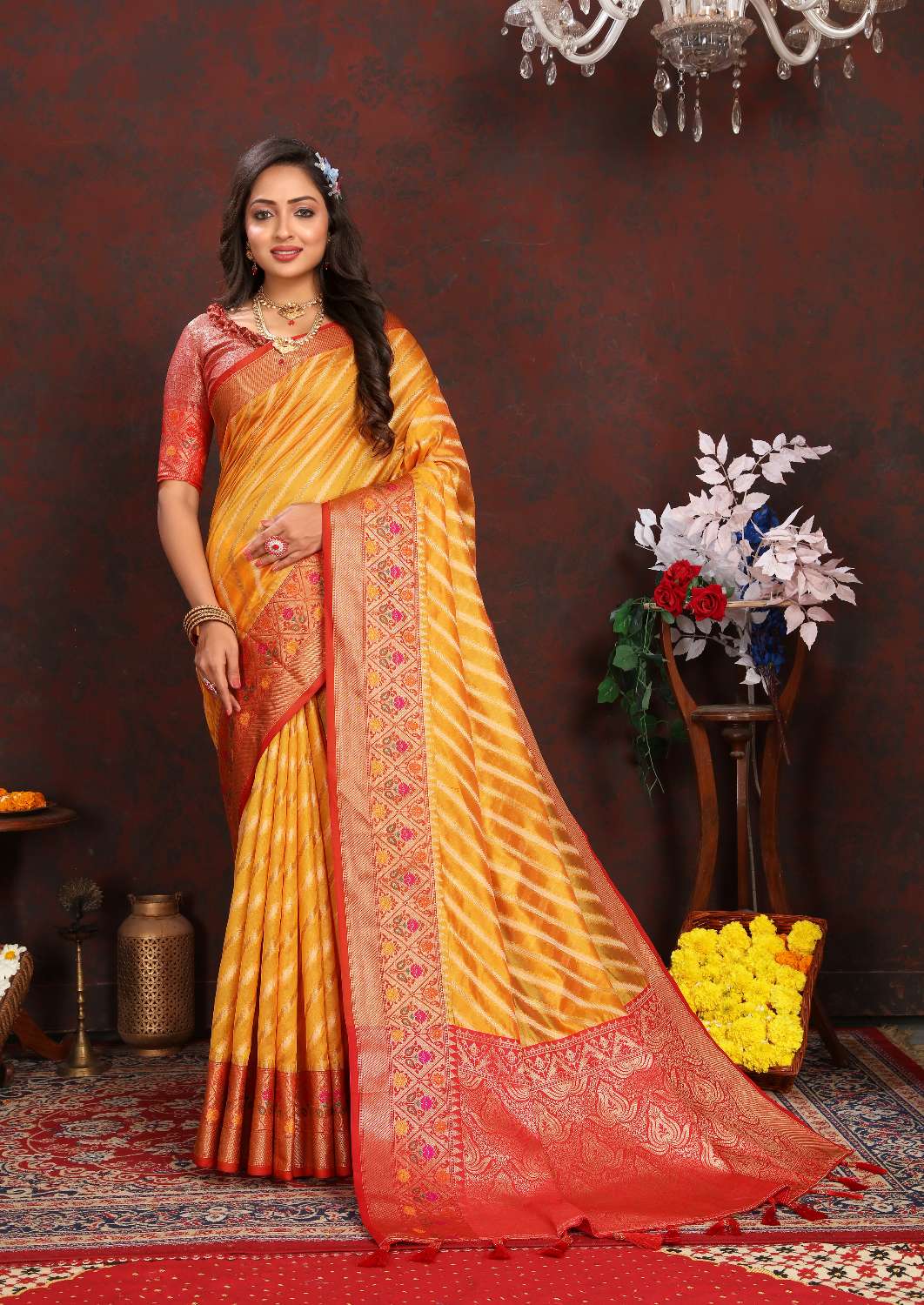 Mustered & Red Color Women’s Zari Woven Designer Soft Organza Silk Saree and Rich Pallu Weawing Unstitched Blouse With Blouse Piece.