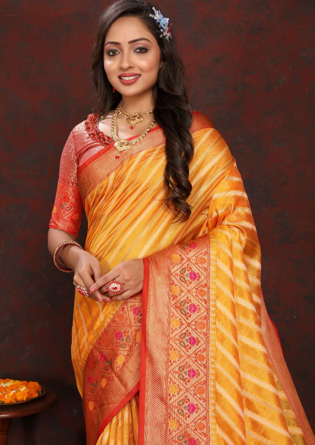 Mustered & Red Color Women’s Zari Woven Designer Soft Organza Silk Saree and Rich Pallu Weawing Unstitched Blouse With Blouse Piece.