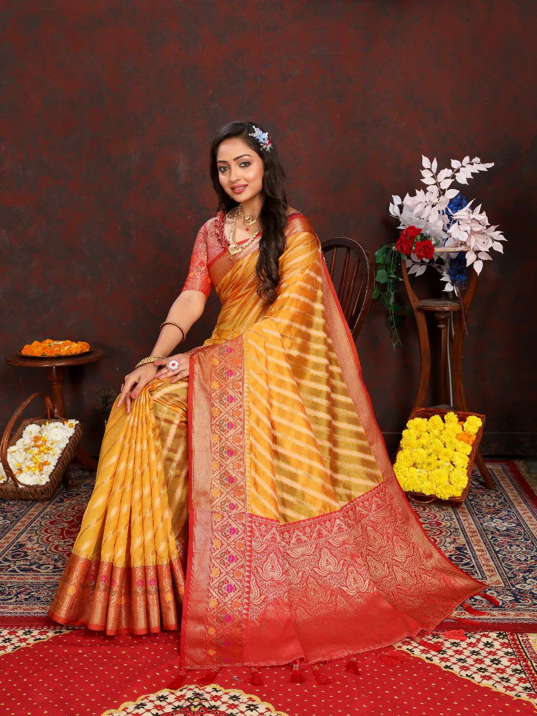 Mustered & Red Color Women’s Zari Woven Designer Soft Organza Silk Saree and Rich Pallu Weawing Unstitched Blouse With Blouse Piece.