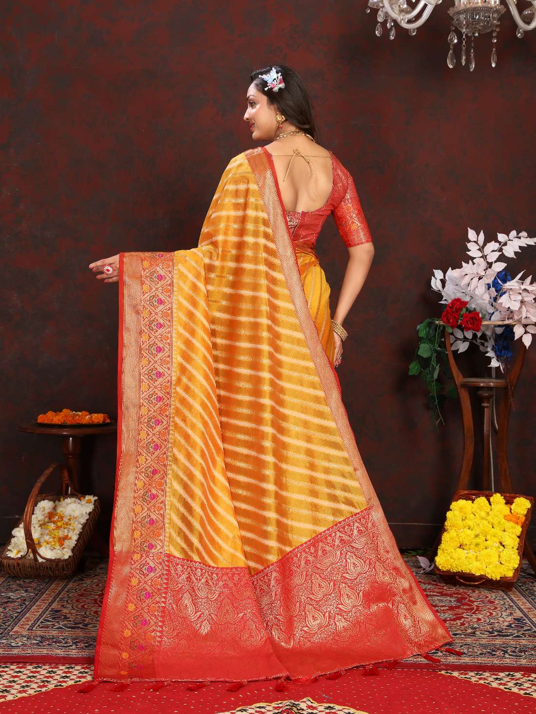 Mustered & Red Color Women’s Zari Woven Designer Soft Organza Silk Saree and Rich Pallu Weawing Unstitched Blouse With Blouse Piece.