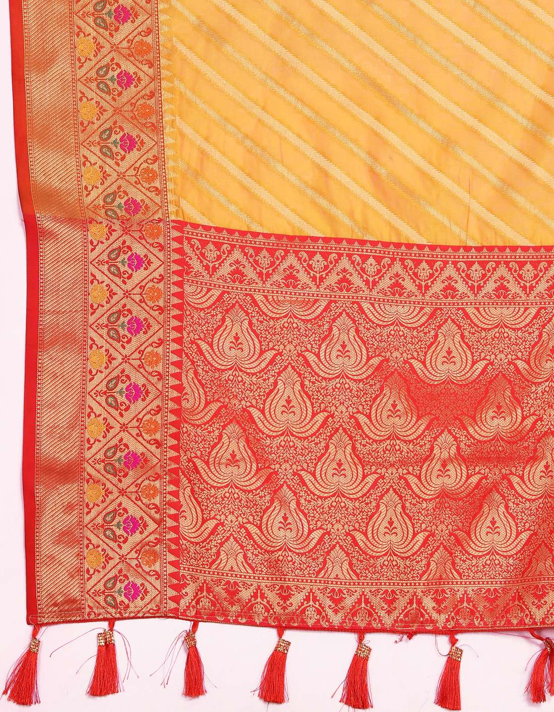 Mustered & Red Color Women’s Zari Woven Designer Soft Organza Silk Saree and Rich Pallu Weawing Unstitched Blouse With Blouse Piece.