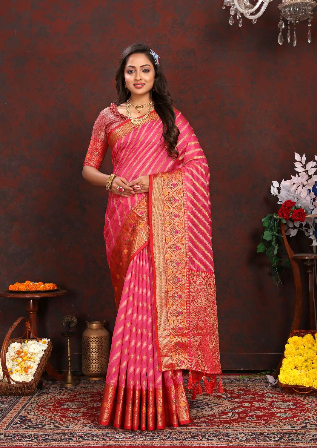 Pink & Red Color Women’s Zari Woven Designer Soft Organza Silk Saree and Rich Pallu Weawing Unstitched Blouse With Blouse Piece.