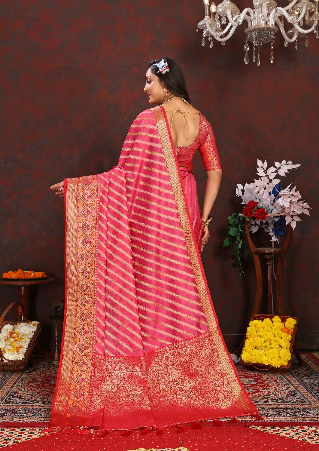 Pink & Red Color Women’s Zari Woven Designer Soft Organza Silk Saree and Rich Pallu Weawing Unstitched Blouse With Blouse Piece.
