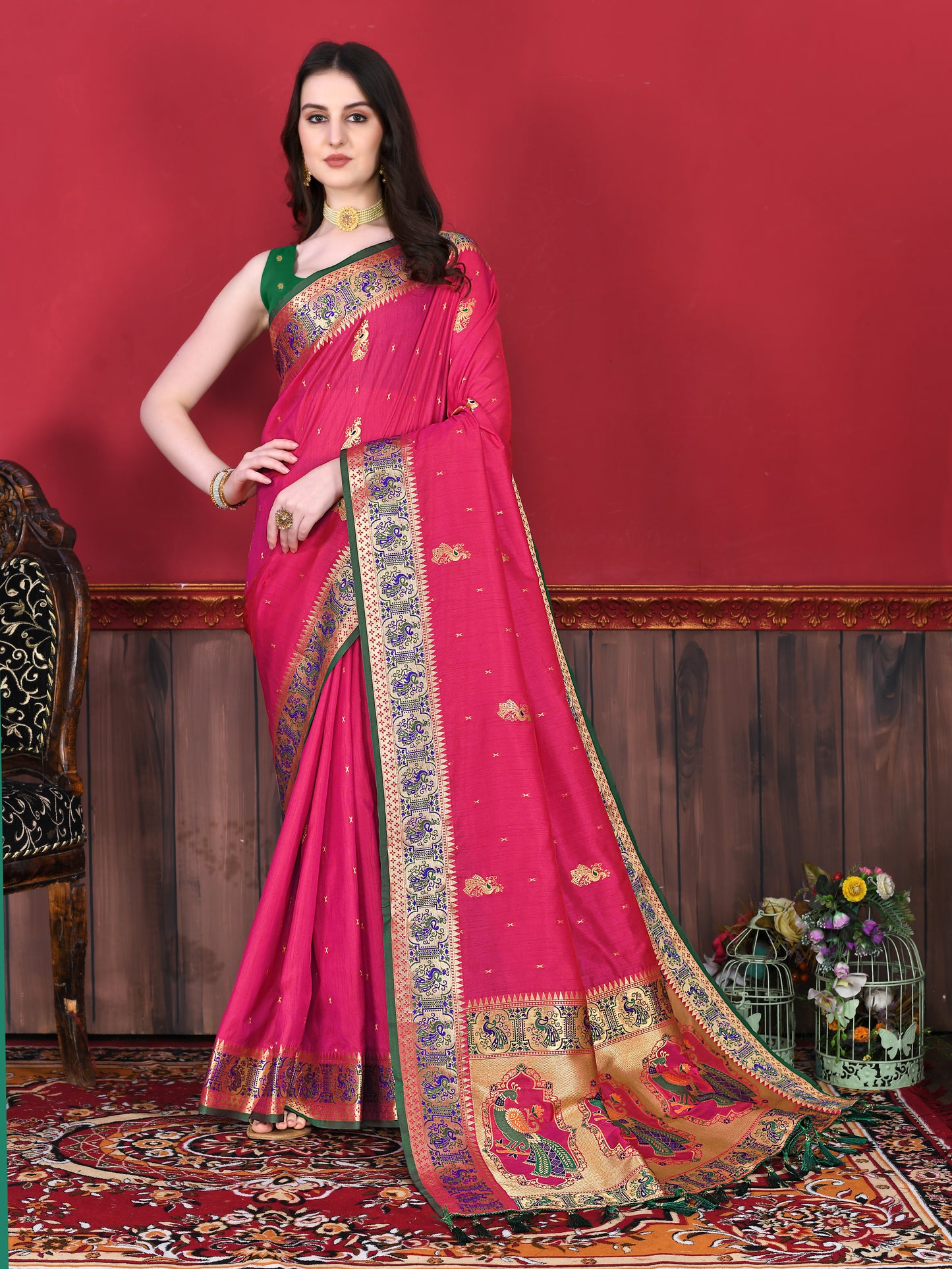Soft Paithani Silk Saree with Gold Zari Weaving Motifs