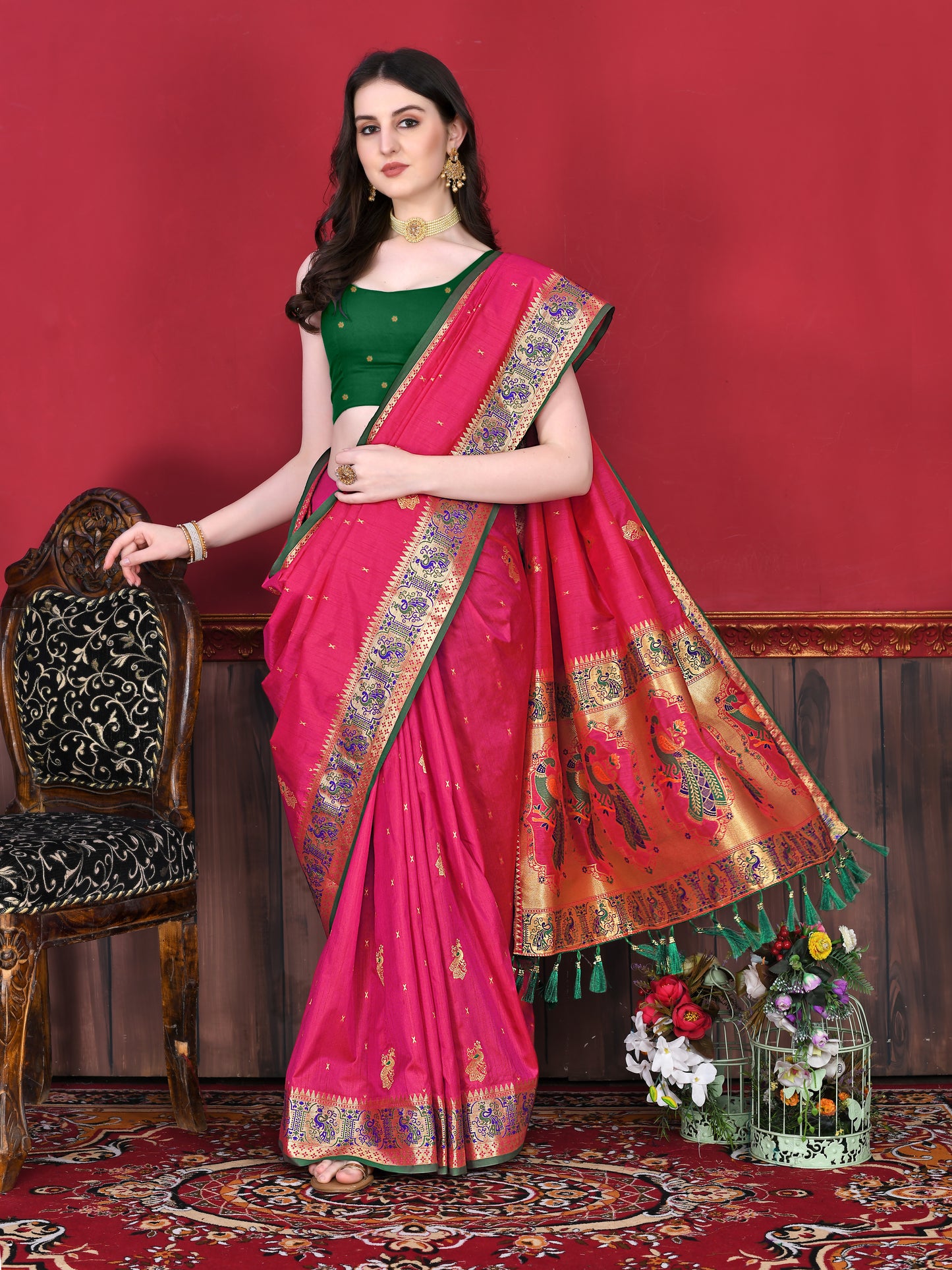 Soft Paithani Silk Saree with Gold Zari Weaving Motifs