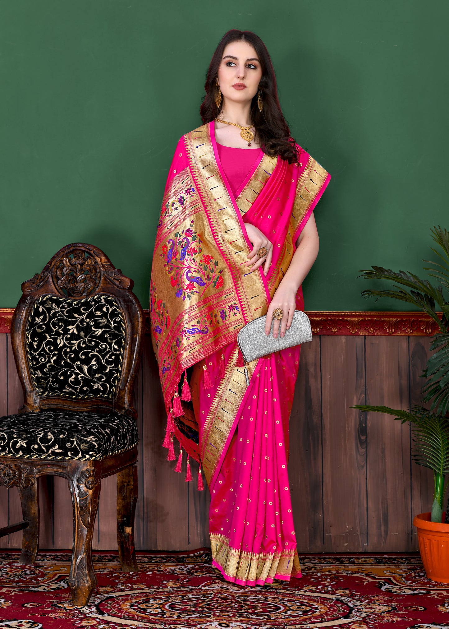 Soft Paithani Silk Saree with Gold Zari Weaving Motifs
