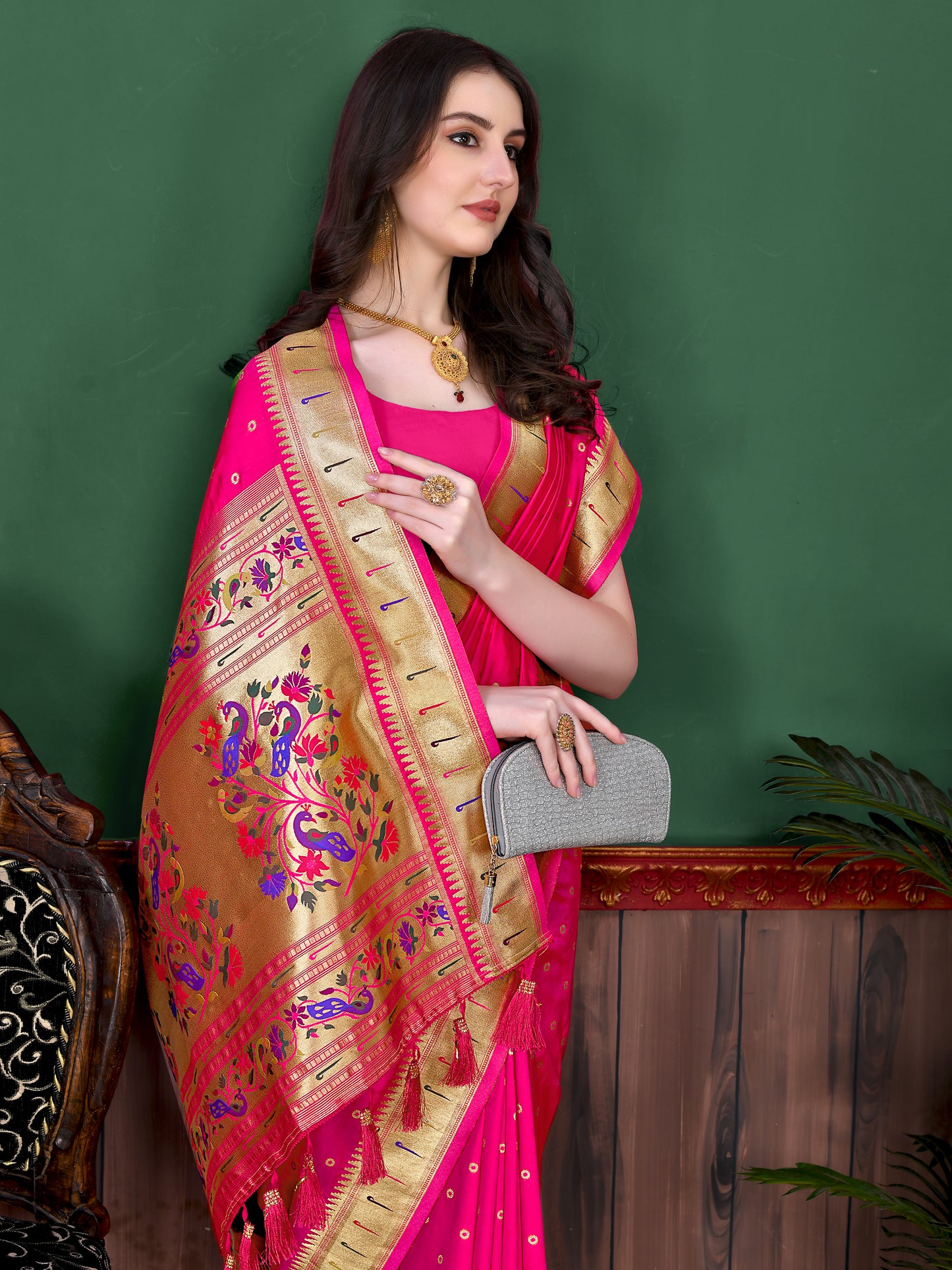 Soft Paithani Silk Saree with Gold Zari Weaving Motifs