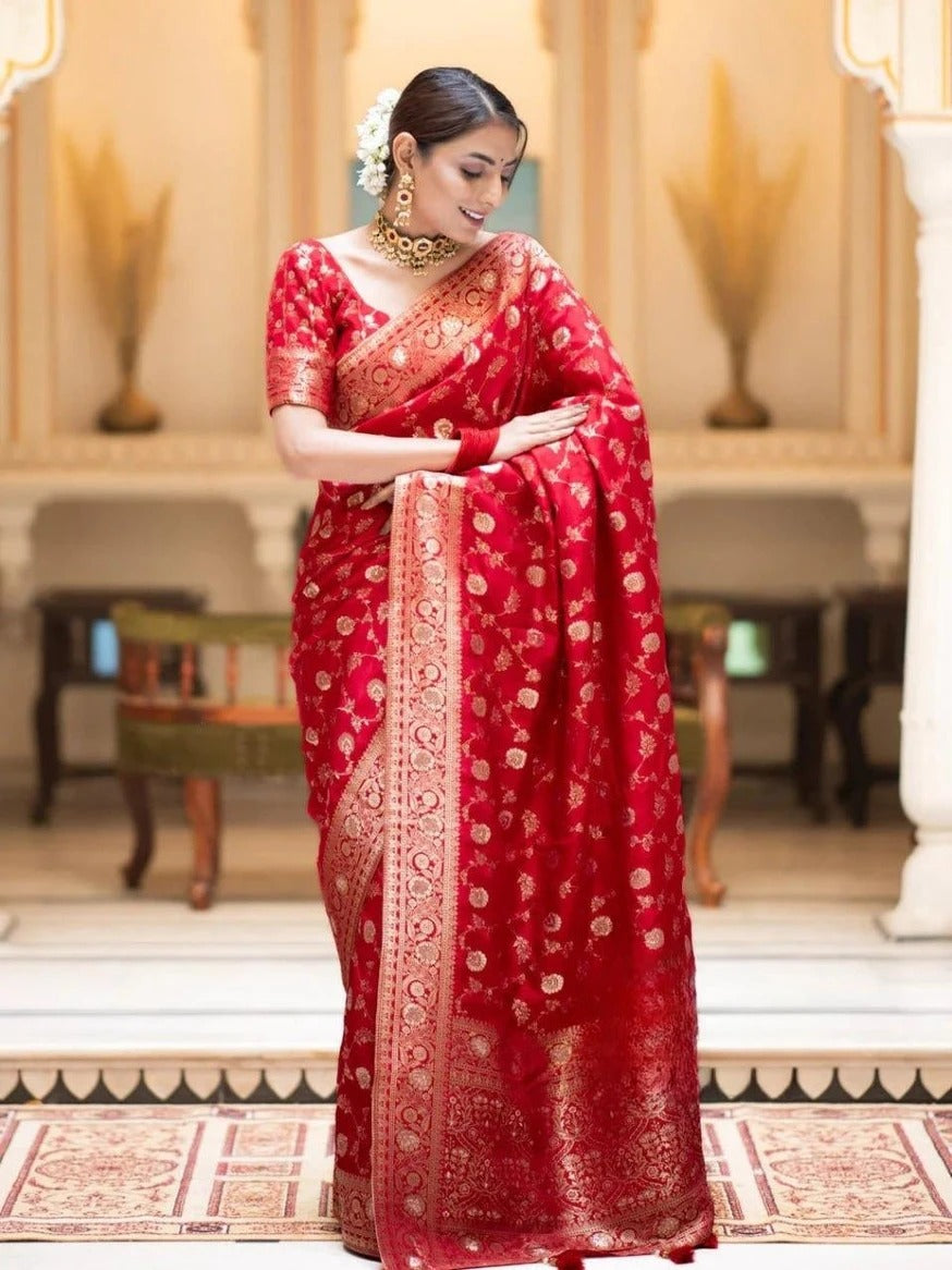 KeKoVi Black Banarasi Silk Blend Saree with Rich Silver Zari Woven Border & Unstitched Blouse