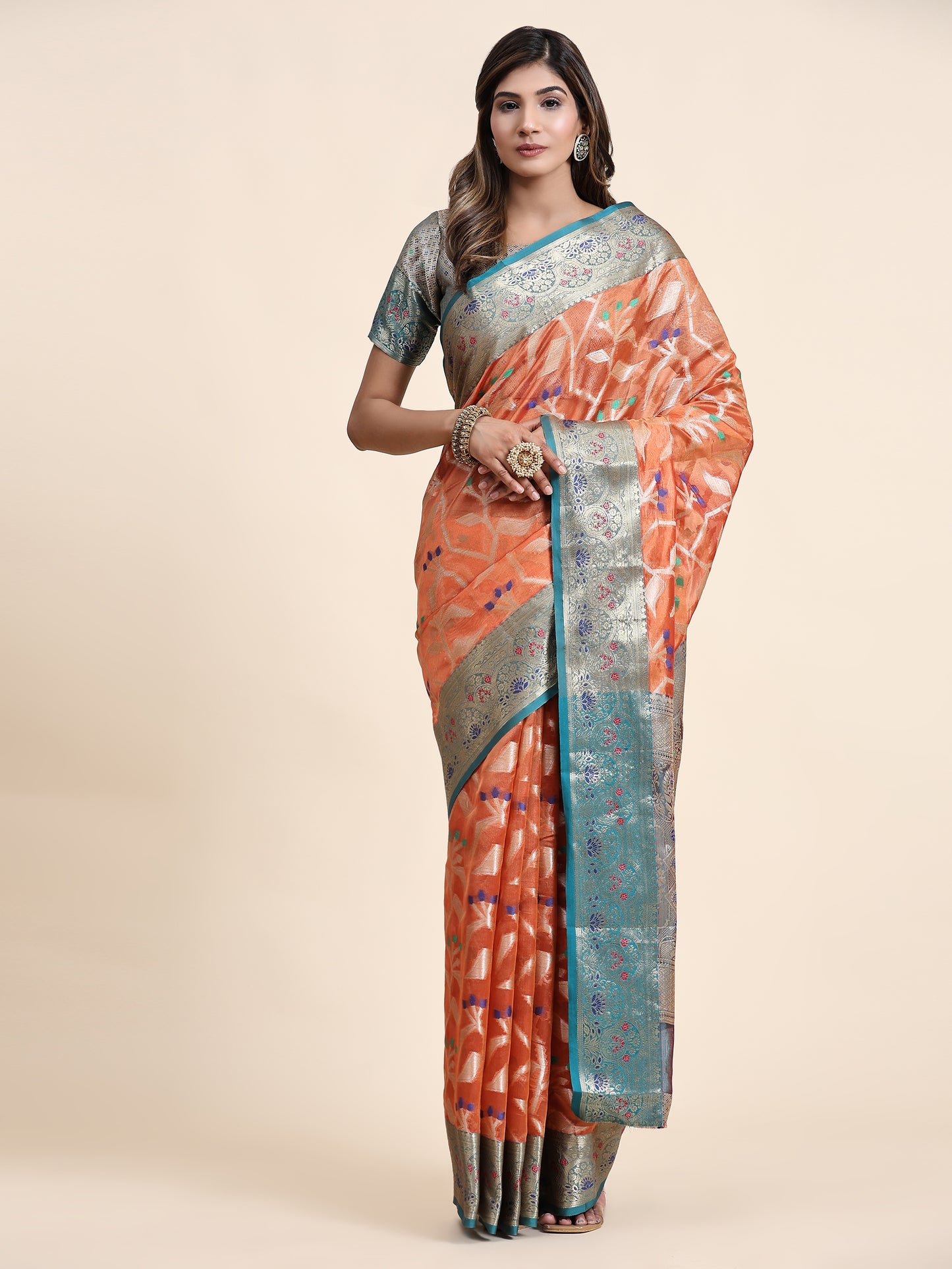 Soft Organza Silk saree with Meenakari weawing design and Rich Zari weawing Pallu with zari weawing border