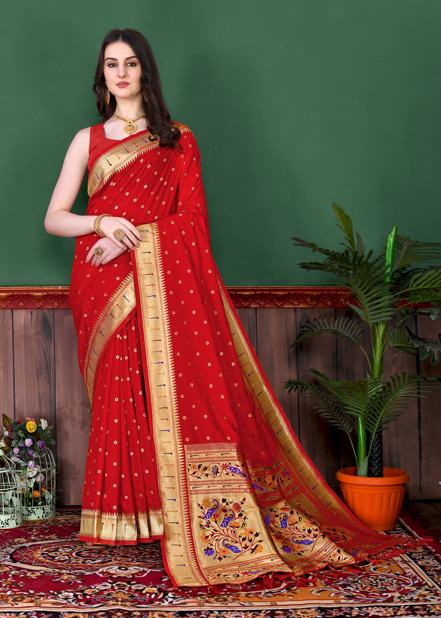Soft Paithani Silk Saree with Gold Zari Weaving Motifs